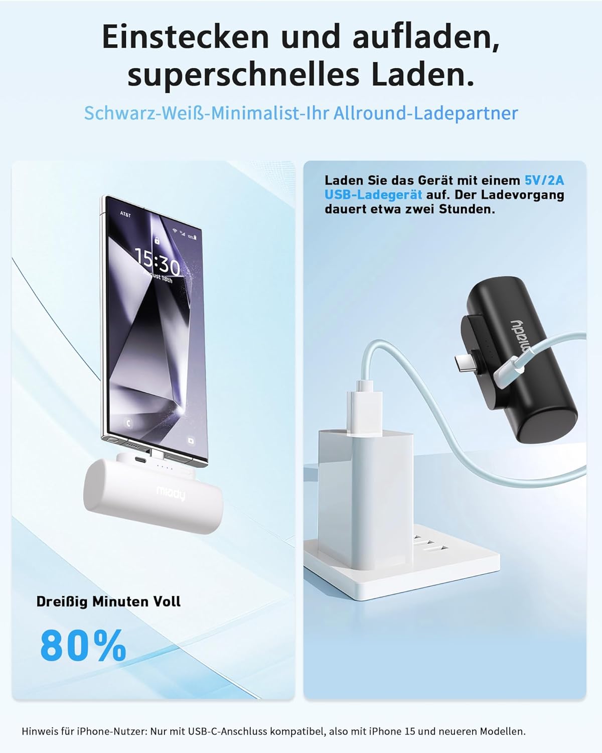 Miady Mini Power Bank klein aber stark, 5000 mAh 5V/2,4A USB C Ausgang Externe Akkus, kompatibel mit iPhone 17/16/15, Samsung S24/S23 Serie, Xiaomi, iPad Pro/Air, AirPods usw. – Bild 3