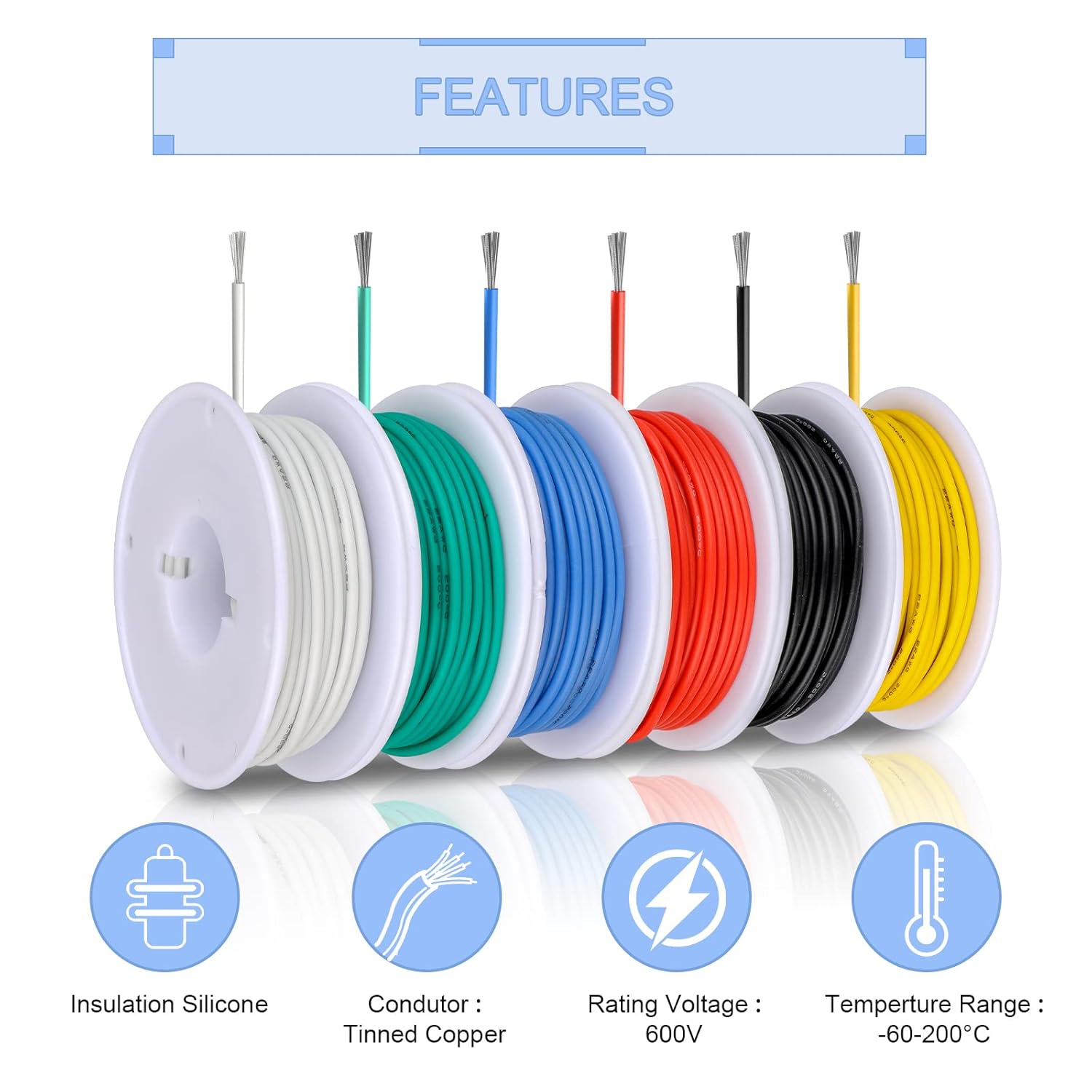 0,32 mm² Elektrokabel, Elektrodraht, 6 Farben, jeder Draht 10 Meter lang, verzinntes Kupfer, mit Silikonkautschuk – Bild 8