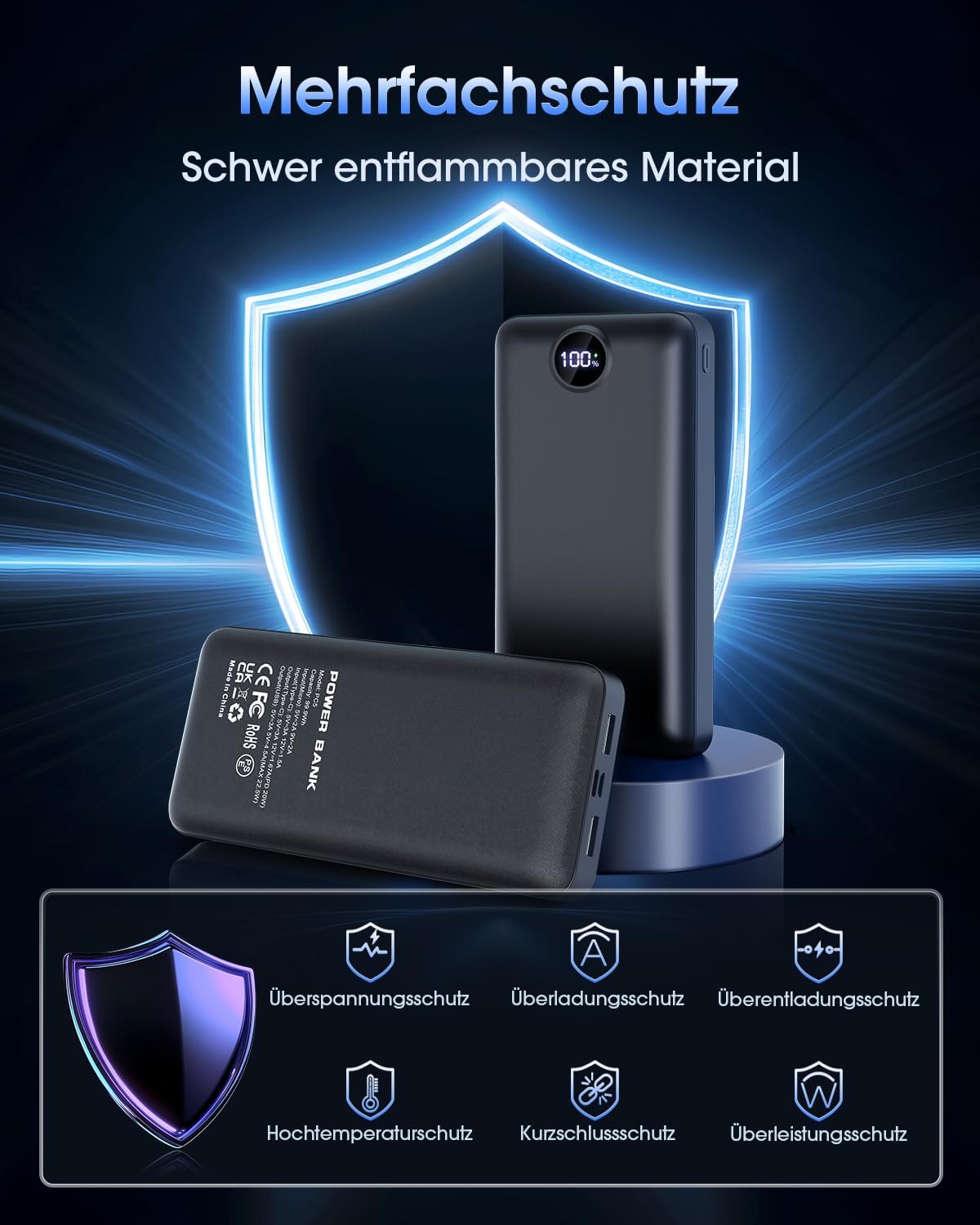 PowerBank 50.000 mAh, große Kapazität, 3-in-1-Ladekabel, 22,5 W, externer Schnellladeakku, USB-C 3 Ausgänge und 2 Eingänge, LED-Anzeige, Powerbank, kompatibel mit iPad, iPhone, Android usw. Schwarz – Bild 9