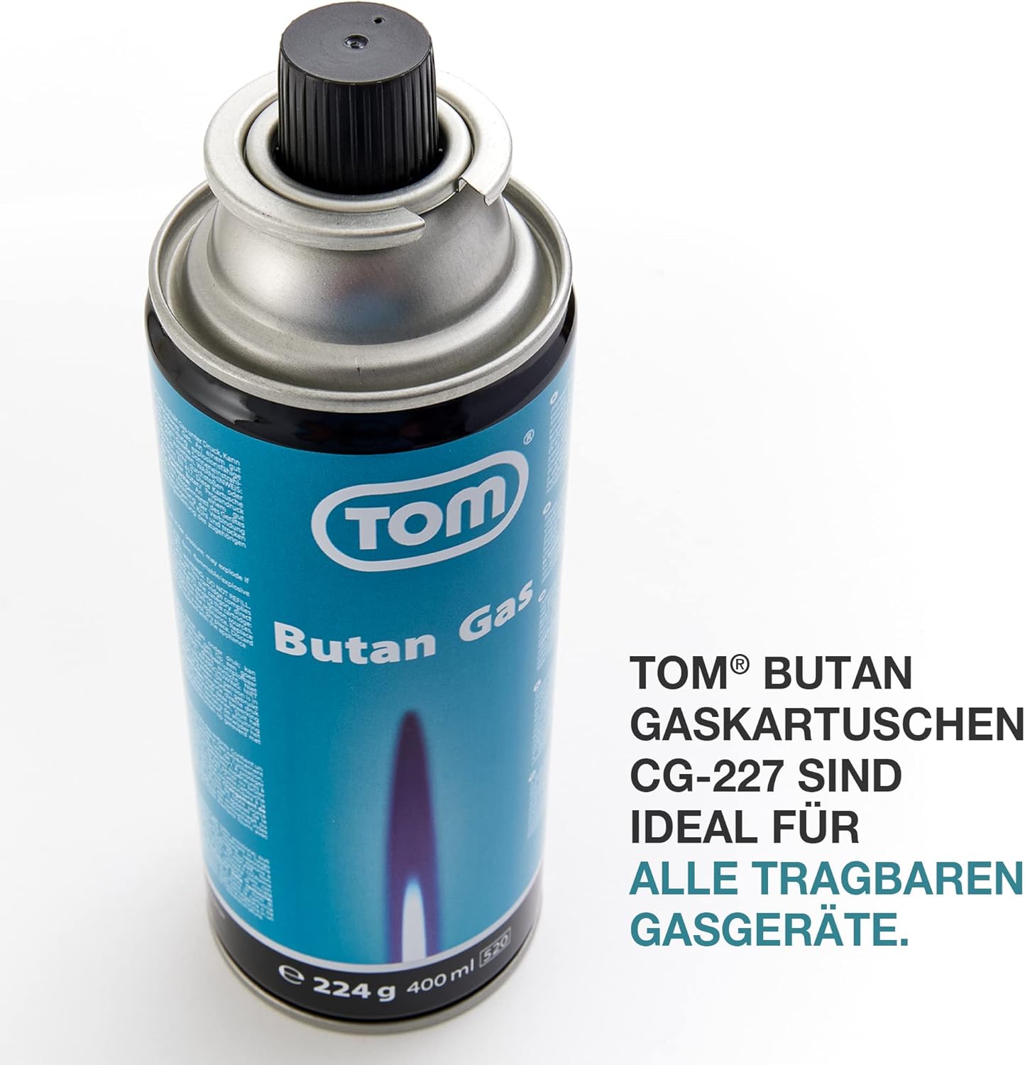 TOM 8 x 12 x oder 28 x Butangaskartuschen 227 mit MSF-1A Bajonettventil – Die Butangaskartuschen sind ideal für Campingkocher, Gaslampe usw. oder für Unkrautbrenner, Flächenbrenner – Bild 3