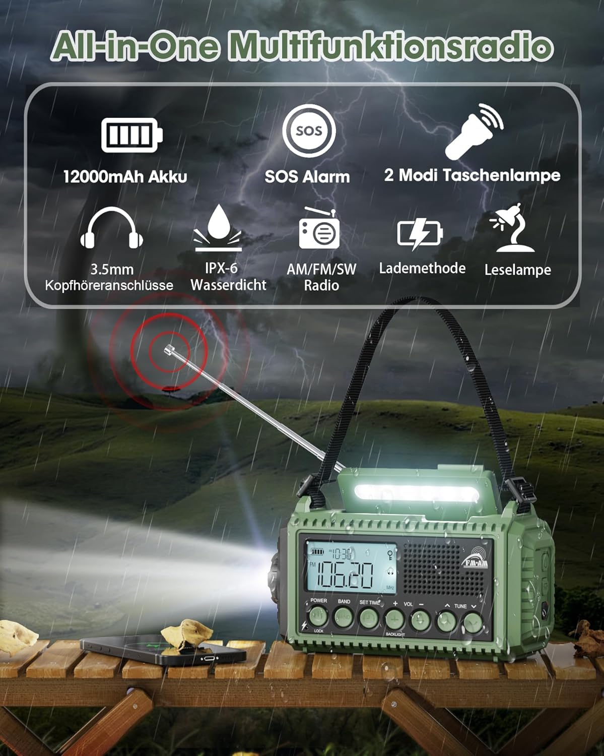 12000 mAh Kurbelradio, Solar- & Kurbel-Notfallradio, tragbares Retro-Radio mit Weltempfänger, AM/FM/SW-Radio, als Taschenlampe & Leselampe, USB-Handy-Ladegerät, SOS-Alarm, für Camping, Notfall, Blackout – Bild 2