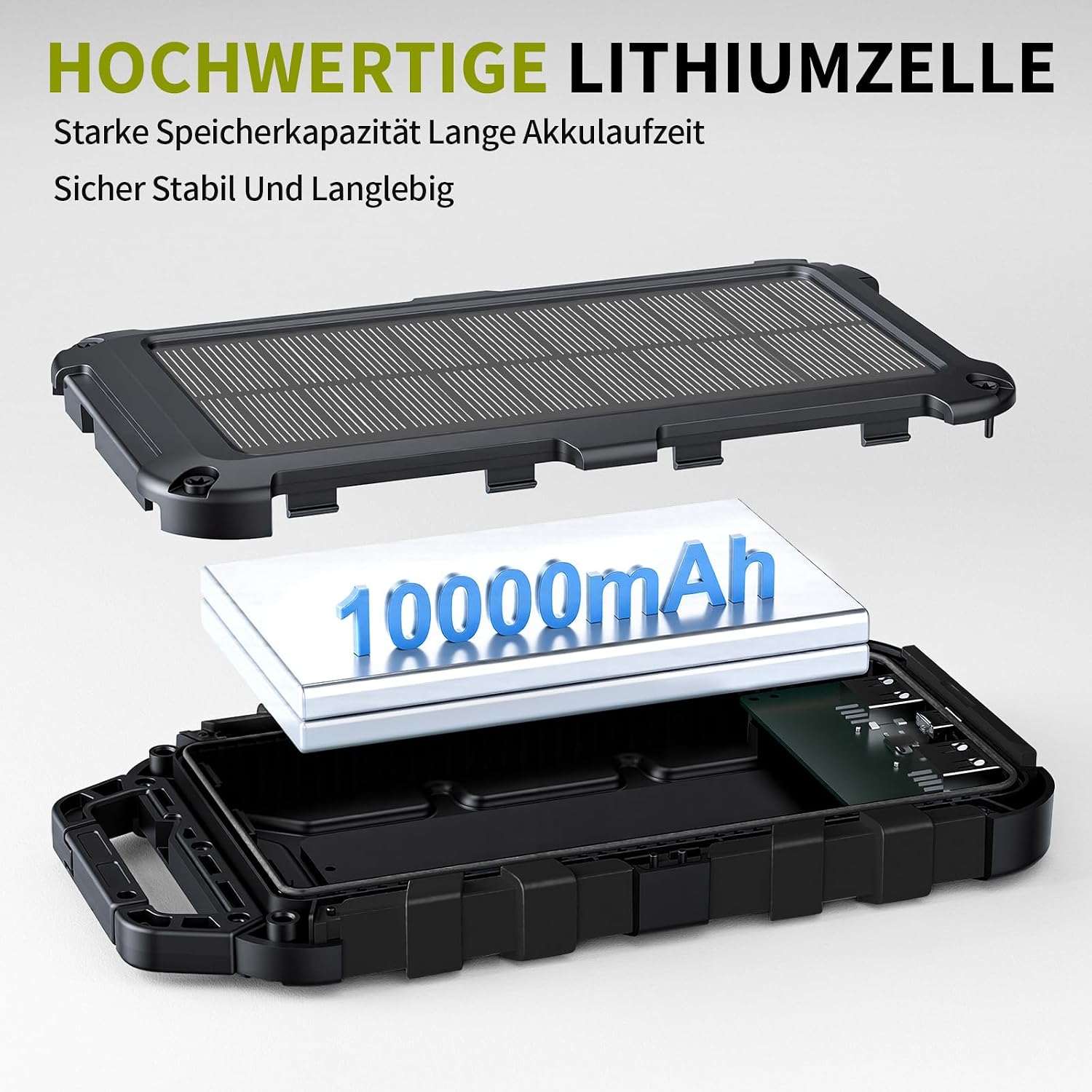 Solar Power Bank 10000 mAh PD 22,5 W Tragbares Solarladegerät USB C Outdoor Wasserdichter externer Akku mit LED-Licht und 3 Ausgängen für Tablets Smartphones Outdoor Camping Schwarz – Bild 9