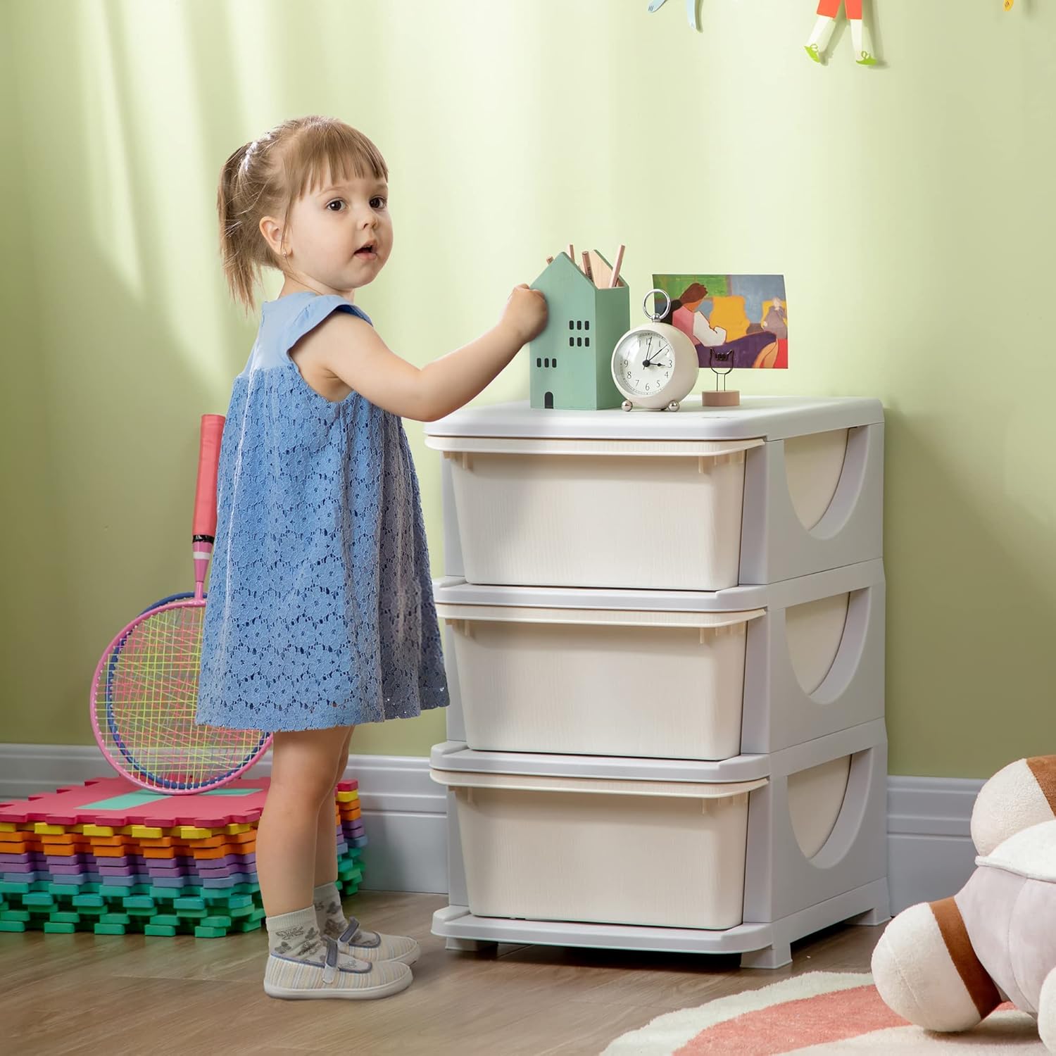 HOMCOM Schubladenschrank für Kinder mit Stauraum, Aufbewahrungsboxen, Spielzeug-Organizer, Spielzeugkiste, drei Ebenen, für Kinderzimmer, 3–6 Jahre, Kindermöbel, Cremeweiß, 37 x 37 x 56,5 cm – Bild 2