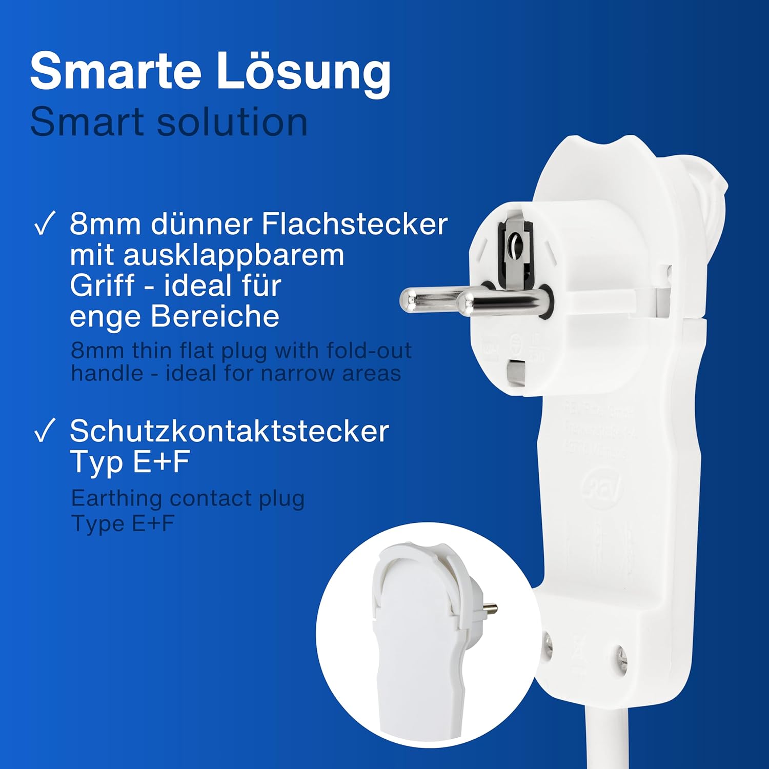 REV Steckdosenleiste – Mehrfachsteckdose 3-fach mit Flachstecker – ideal für den Einsatz hinter Möbeln, Kabel 2 m, max. 3680 W, Weiß – Bild 4