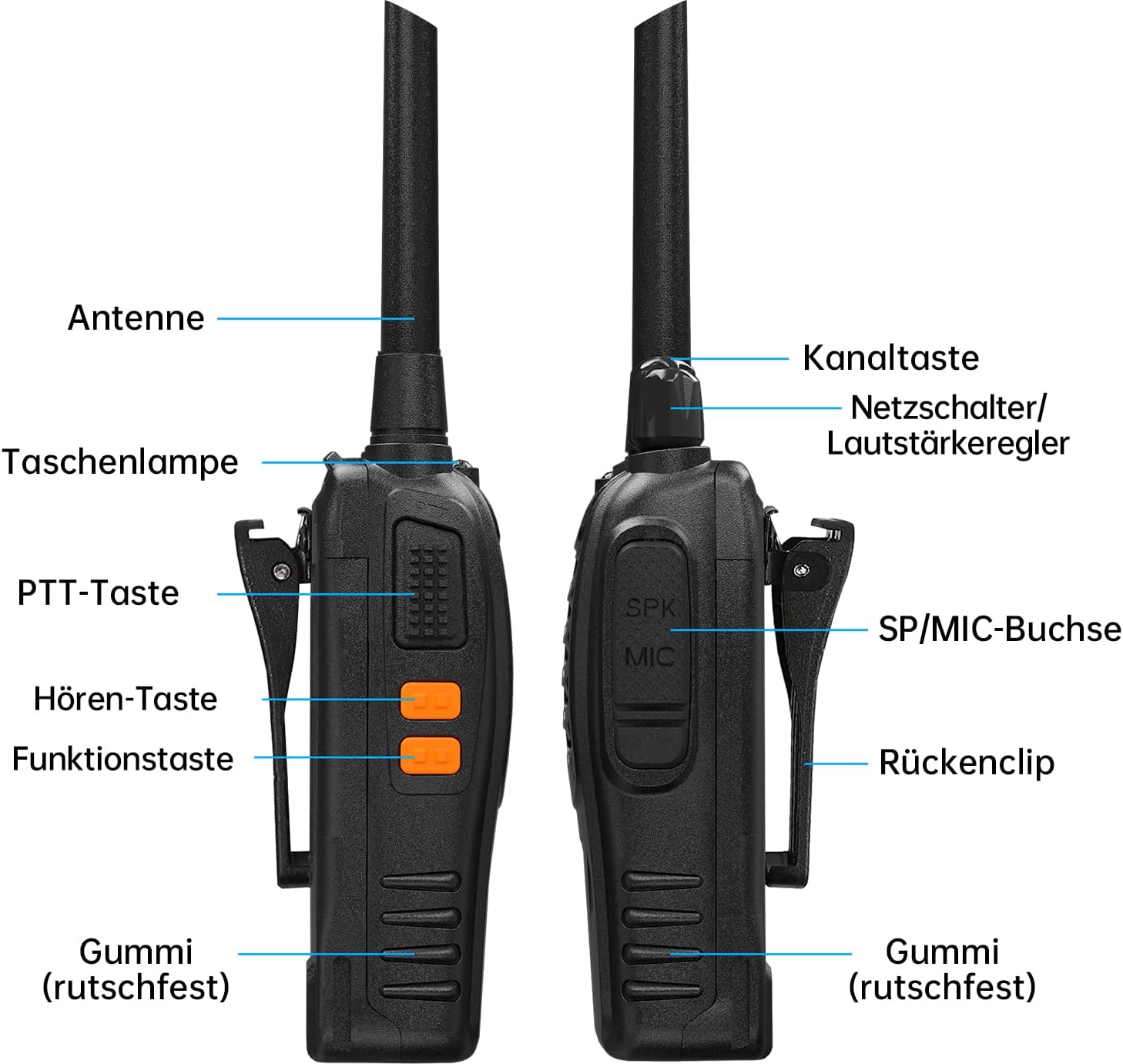 Professionelles Walkie-Talkie für Erwachsene mit großer Reichweite, wiederaufladbarem Akku, 16-Kanal-Funkgerät, USB-Ladegerät und Ohrhörer mit VOX (schwarz, 1 Paar) – Bild 5