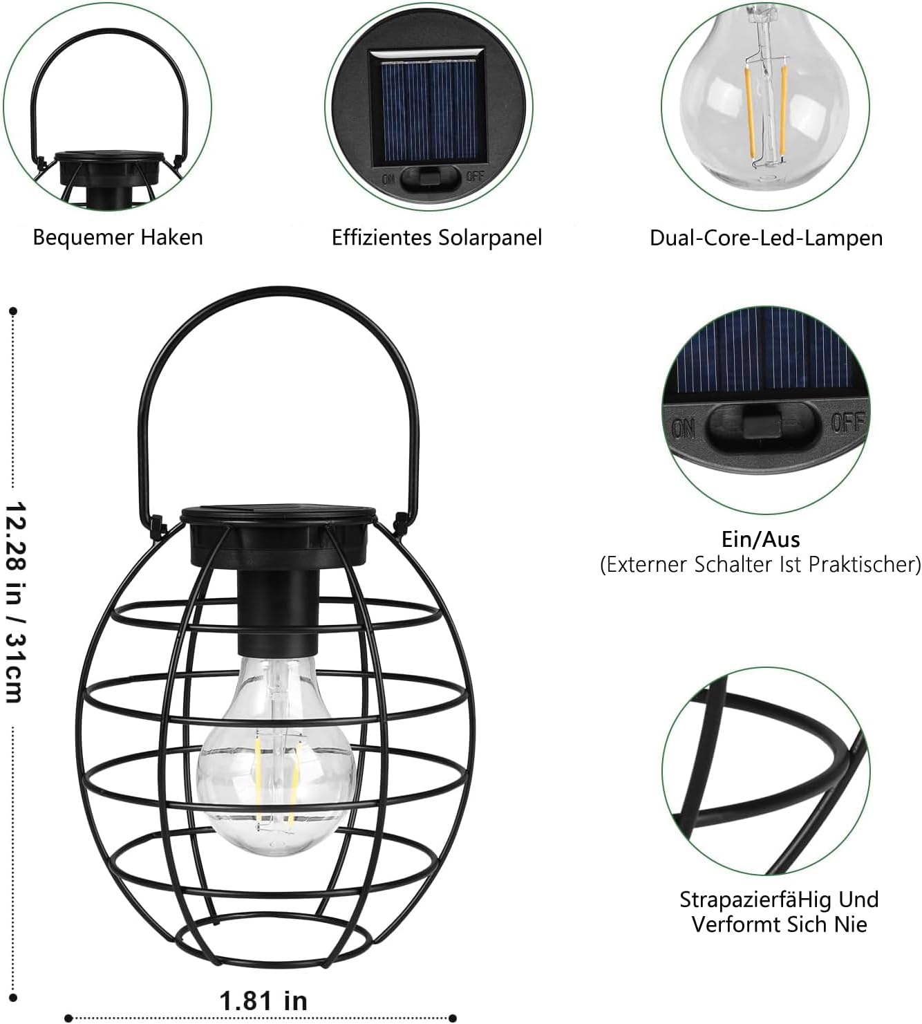 Solarlaterne für den Außenbereich, 2 Stück, Solarlaternen für den Außenbereich, LED-Solarleuchten zum Aufhängen im Freien, warmweiß, helle Laterne, Solar im Freien, wetterfest, Lampe im Freien für Terrasse, Rasen, Balkon, Hof – Bild 3