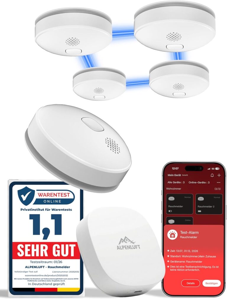 ALPENLUFT Rauchmelder mit Smart App 10 Jahresbatterie, Testsieger Feuermelder drahtlos und WLAN vernetzt, Rauchmelder, Brandmelder, Funk-Rauchmelder, vernetzbar, ohne Bohren, ohne LED-Blinken, 5 + HUB