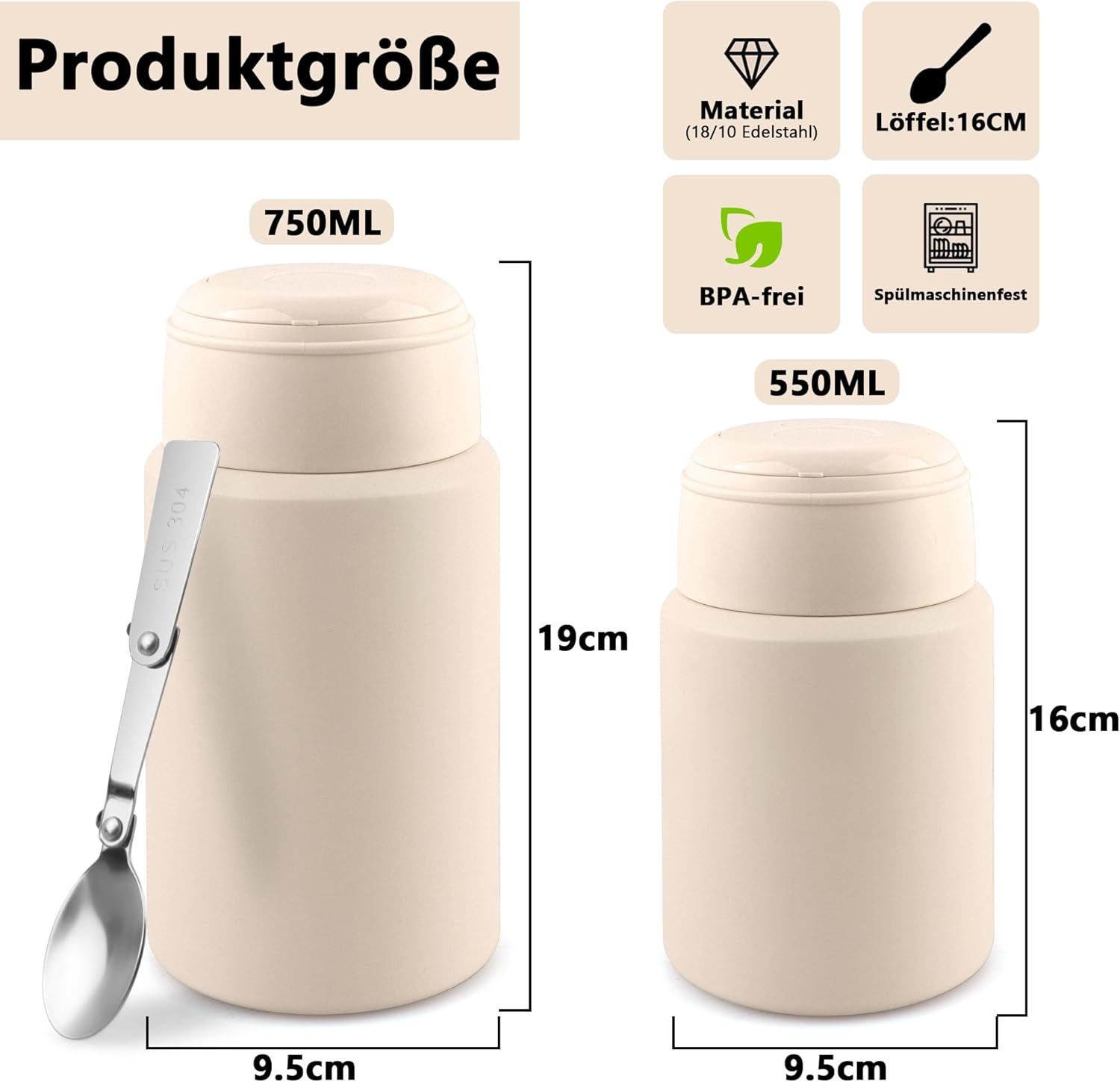Thermo-Lebensmittelbehälter 550 ml, Edelstahl-Wärmebehälter Lebensmittel mit Löffel, Müslibecher to Go, Thermo-Lunchbox für Gefrierschrank, Spülmaschine, Erwachsene (weiß) – Bild 2