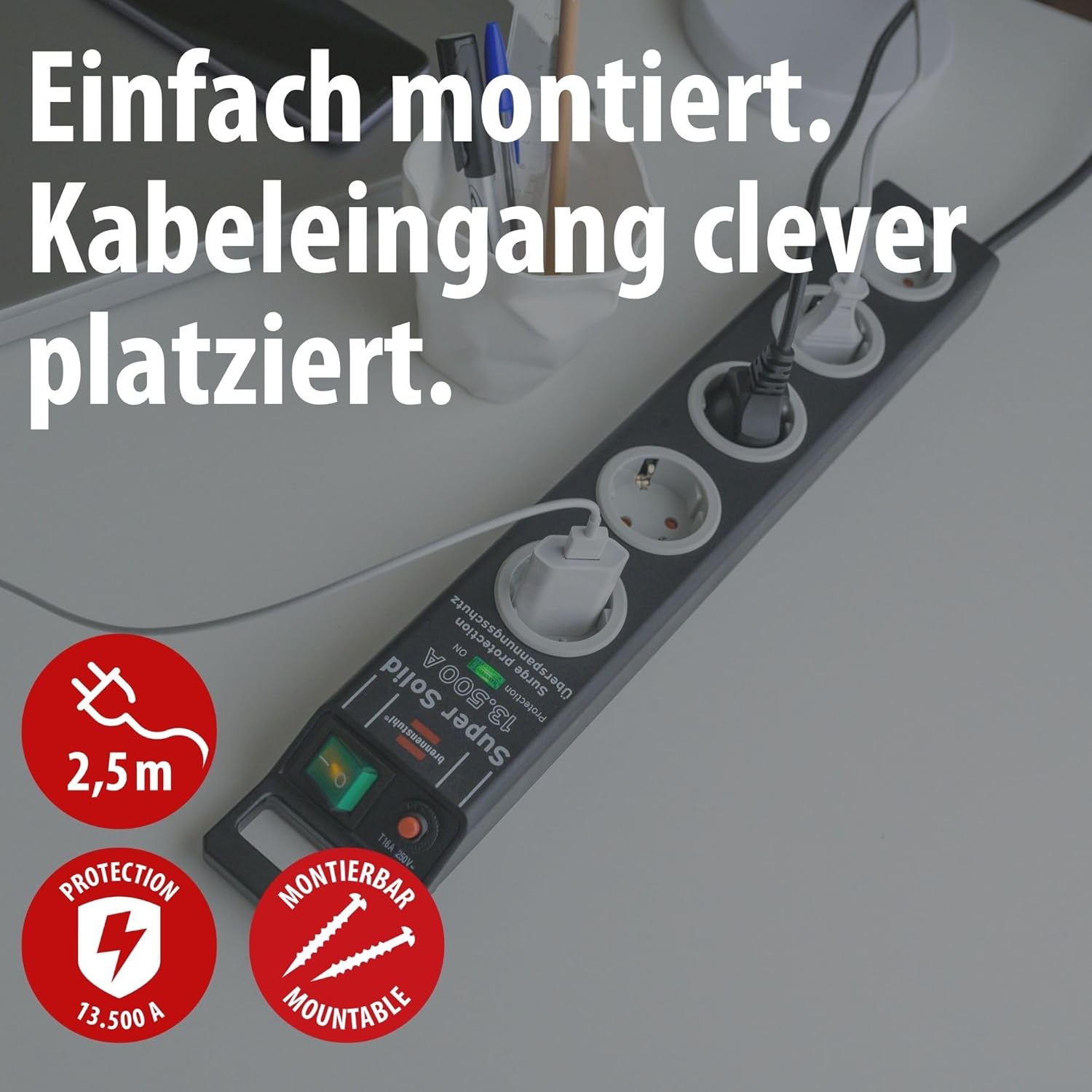 Brennenstuhl Super-Solid Steckdosenleiste, 1153380315 | 2,5 m Kabel und Schalter – aus bruchsicherem Polycarbonat, schwarz/grau – Bild 2