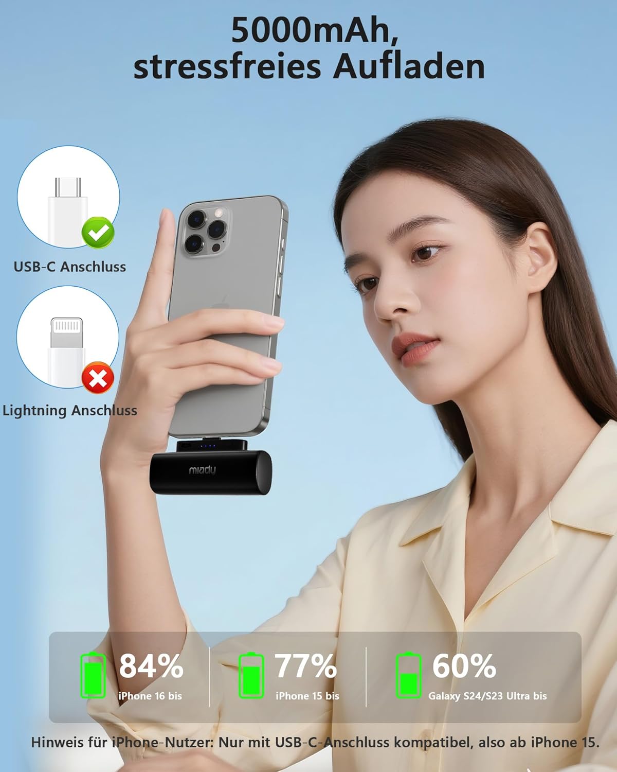 Miady Mini Power Bank klein aber stark, 5000 mAh 5V/2,4A USB C Ausgang Externe Akkus, kompatibel mit iPhone 17/16/15, Samsung S24/S23 Serie, Xiaomi, iPad Pro/Air, AirPods usw. – Bild 2