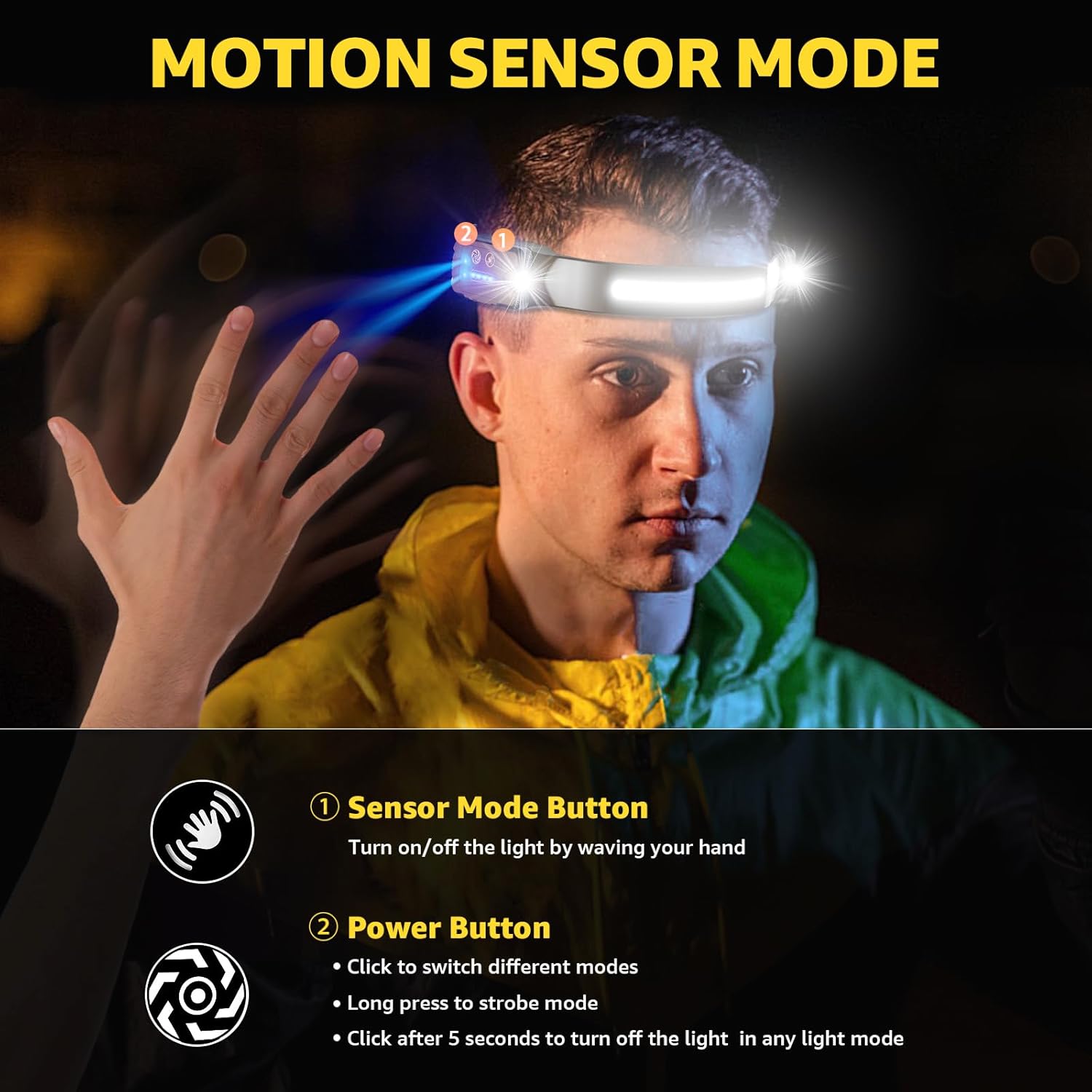 Wiederaufladbare LED-Stirnlampe, 2er-Pack, 300° Weitwinkelstrahl | Einstellbarer Scheinwerfer, 9 Modi mit Sensor, 2400 mAh, 26 Stunden Laufzeit, IPX6 Wasserdicht, Leicht, Kopflampe für Joggen/Camping – Bild 6