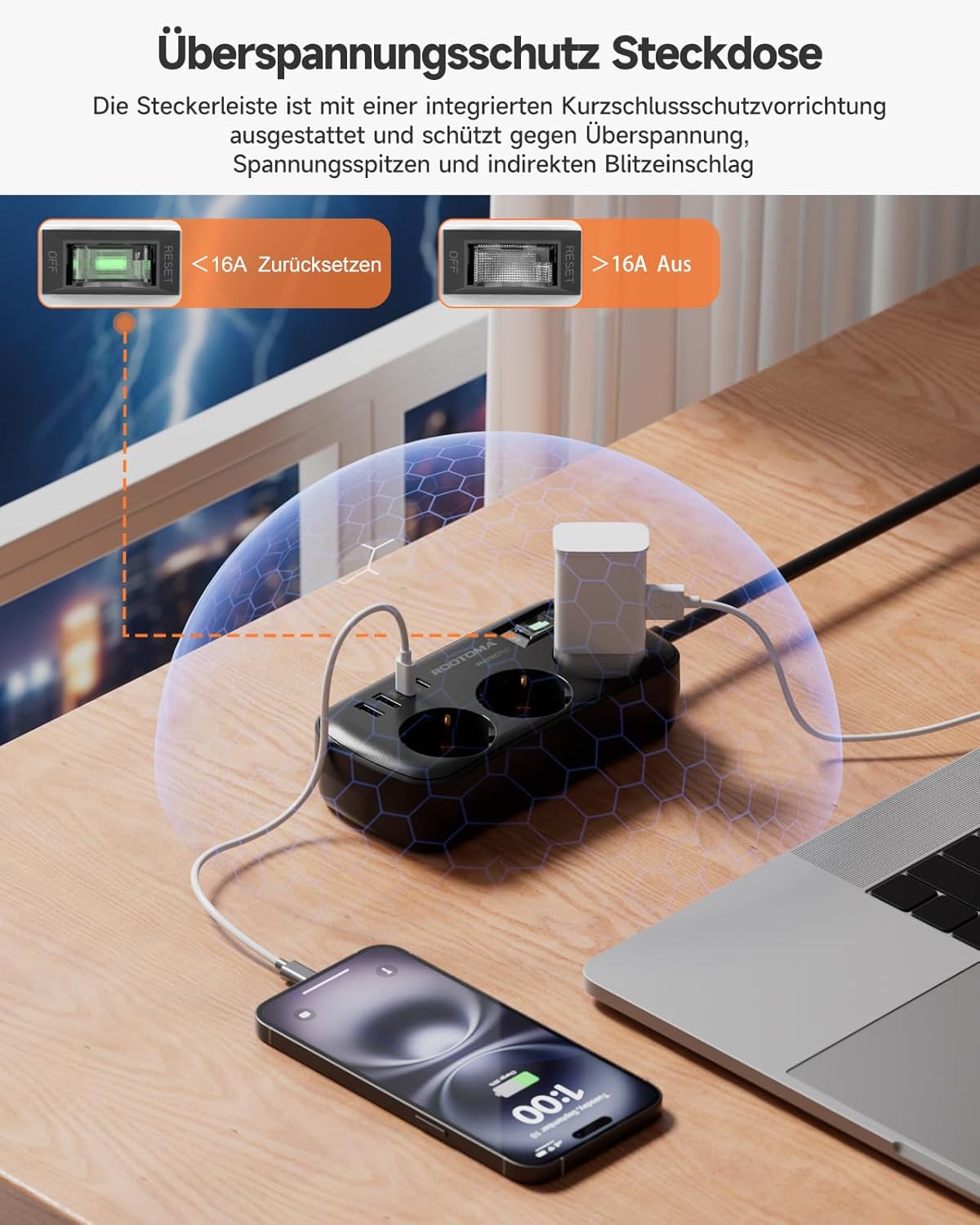 3-fach Steckdose mit Überspannungsschutz, Mehrfachsteckdose, 4 USB (2 USB-C), Steckdose mit Schalter und 1,5 m Kabel, Wandmontage für Zuhause, Büro, Schwarz – Bild 3
