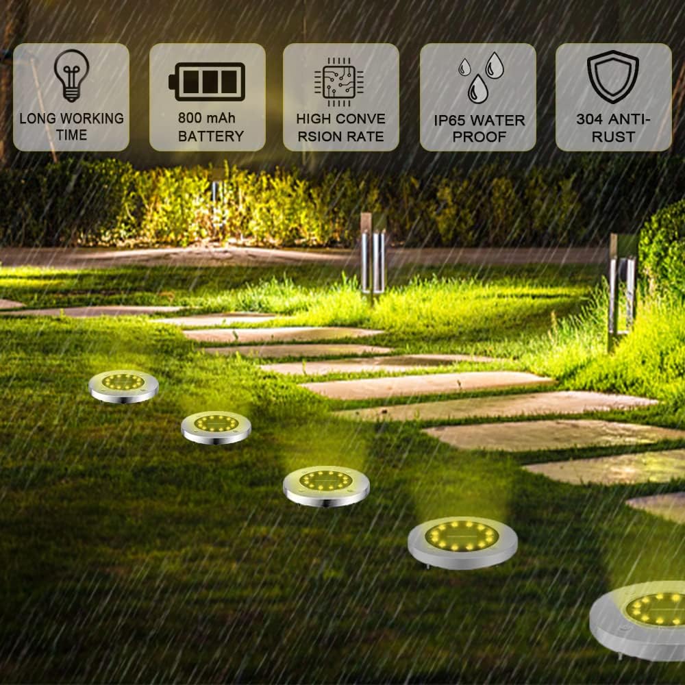 Bowfar Solar-Bodenleuchten für den Außenbereich, 12 LEDs, warmweiße Solarleuchten für den Außenbereich, 800 mAh IP65 wasserdichte Solarleuchten, Solar-Gartenleuchten für Rasen, Gehweg, Terrasse, Terrassengarten, 12 Stück – Bild 3