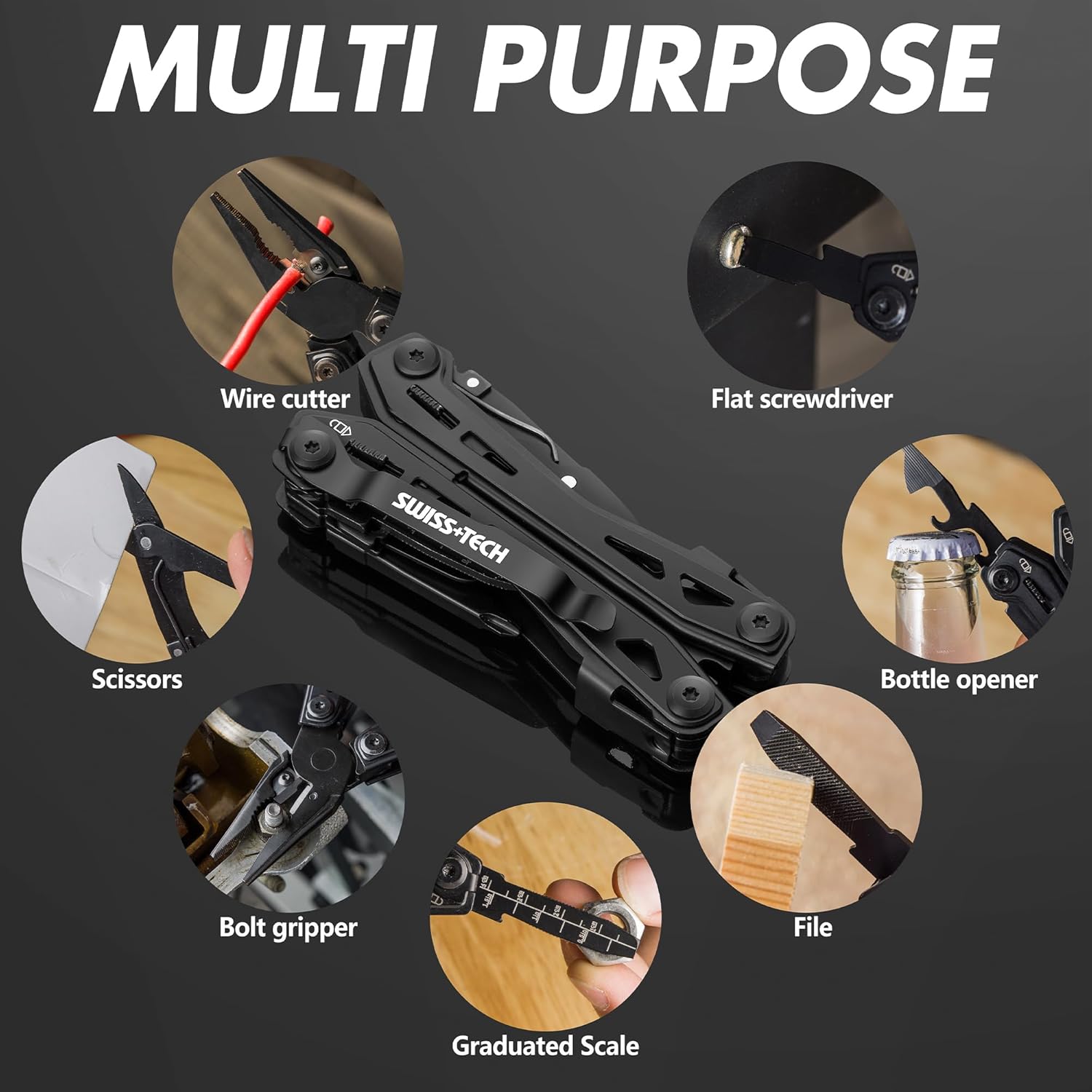 Swiss+Tech Multitool 16 in 1 Multifunktionszange aus Edelstahl, faltbar, Multifunktionswerkzeug, Multifunktionszange mit Messer, Flaschenöffner, Gürtelclip für Camping, Reparatur, mit Tragetasche – Bild 7