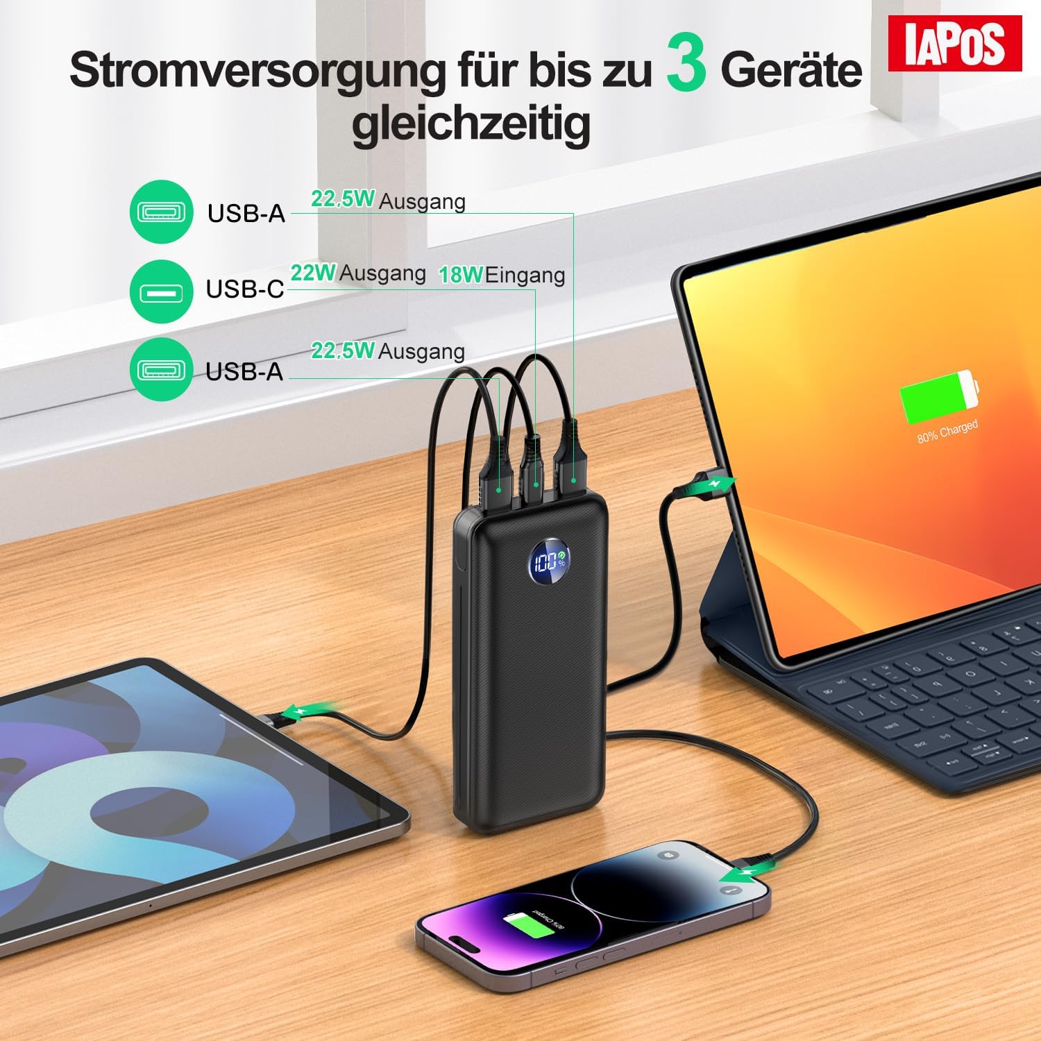 Powerbank, 26800-mAh-Powerbank, externe Handy-Akkus mit 22,5-W-Schnellladung, USB-C-Eingang und -Ausgang, PD 3.0 und QC 4.0. Kompatibel mit iPhone 17, 16, 15, 14, für Samsung Galaxy S25, Asphalt – Bild 4