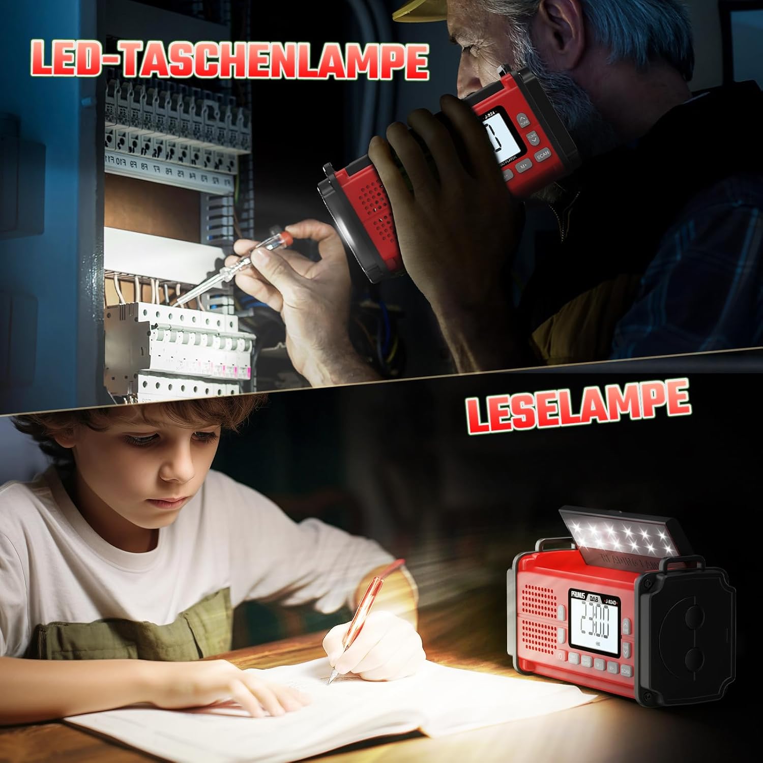 PRUNUS J-924D Digitalradio DAB+/FM, Kurbelradio Notfall mit 10000 mAh Akku, DAB-Radio mit Bluetooth, Notfallradio mit Taschenlampe/SOS-Alarm/Handy-Ladefunktion für Outdoor/Notfall (Rot) – Bild 6
