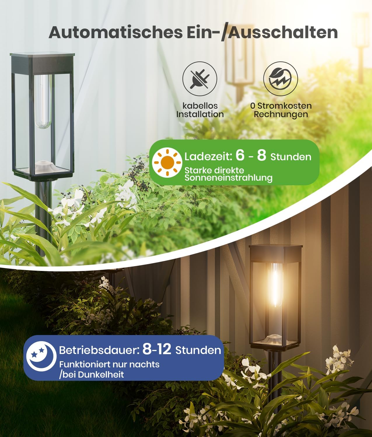 Solarleuchten für den Außenbereich, Garten-Solarleuchten für den Außenbereich, 4 Stück mit längerer Arbeitszeit, IP65 wasserdichte Solar-Gartenlampe, extrem helle Außen-Solarleuchten für Terrasse, warmweiß – Bild 6