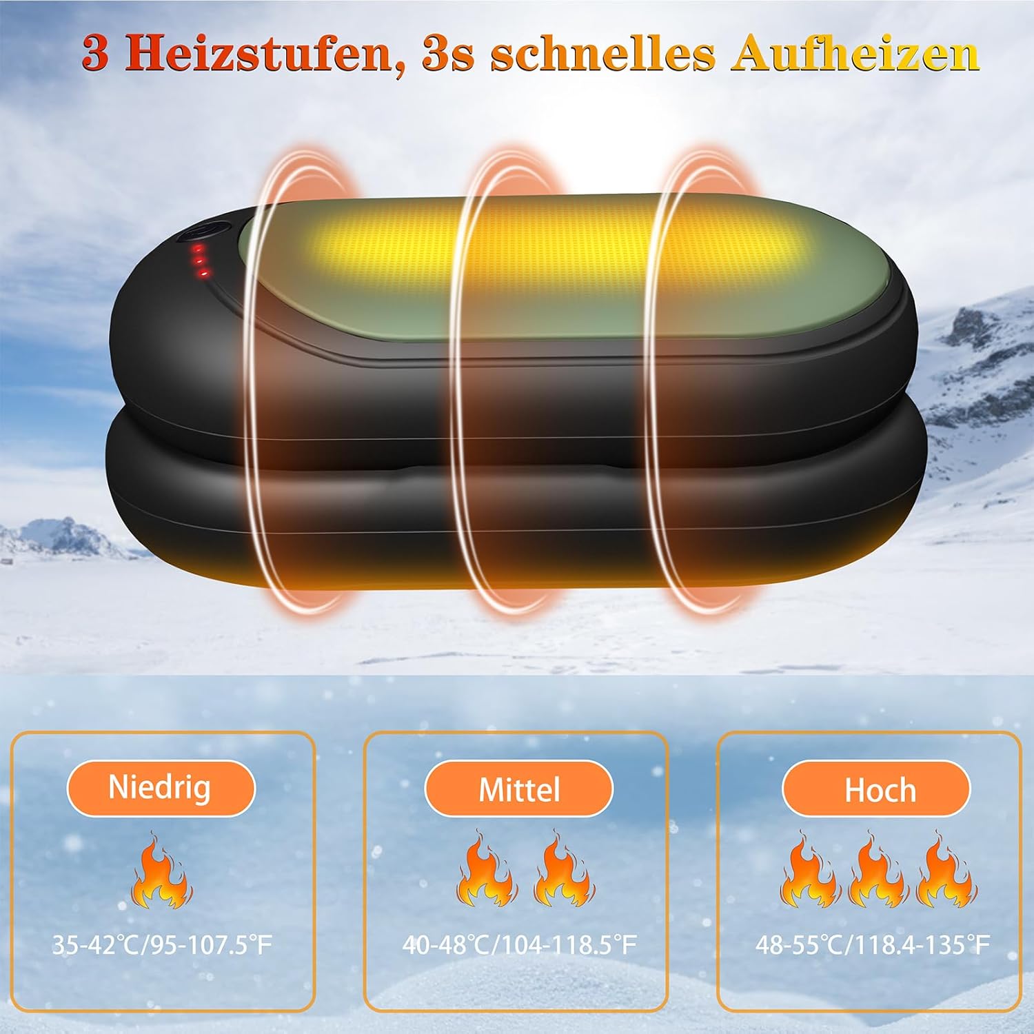 Elektrischer Handwärmer,Handwärmer Wiederaufladbar 2er Set mit 6000mAh,Taschenwärmer USB-Kabeln,3 Heizmodi,20 Stunden lang anhaltende Wärme,Aufladbare Taschenheizung für Outdoor im Winter – Bild 3