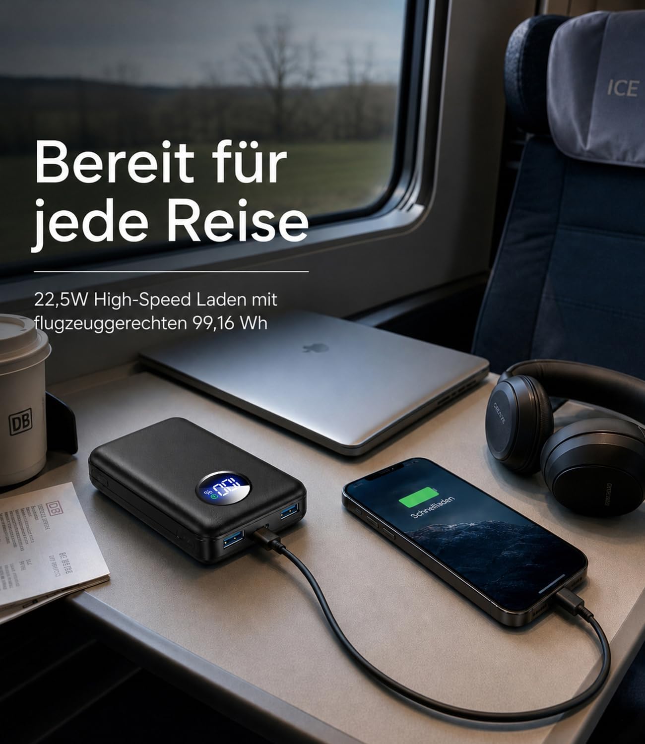 Powerbank 26800 mAh, 22,5 W Schnellladefunktion Externer Akku mit 3 Ausgängen (USB-C 20 W PD 3.0 & QC 3.0 USB-A), Flugzeugzulassung, Kompaktladegerät für iPhone 17 16 15, Samsung, iPad, Carbon – Bild 3