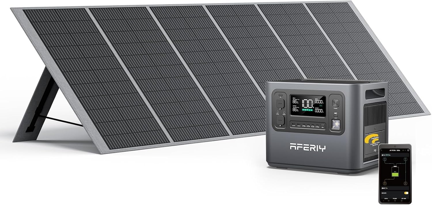 AFERIY Solargenerator 2400 W mit 400 W Solarmodulen, 2048 Wh tragbares Kraftwerk (4800 W Spitze), LiFePO4-Akku, 220 V-240 V, faltbares Solarpanel mit USB, IP65, für Outdoor-Camping, Reisen, Stromausfälle