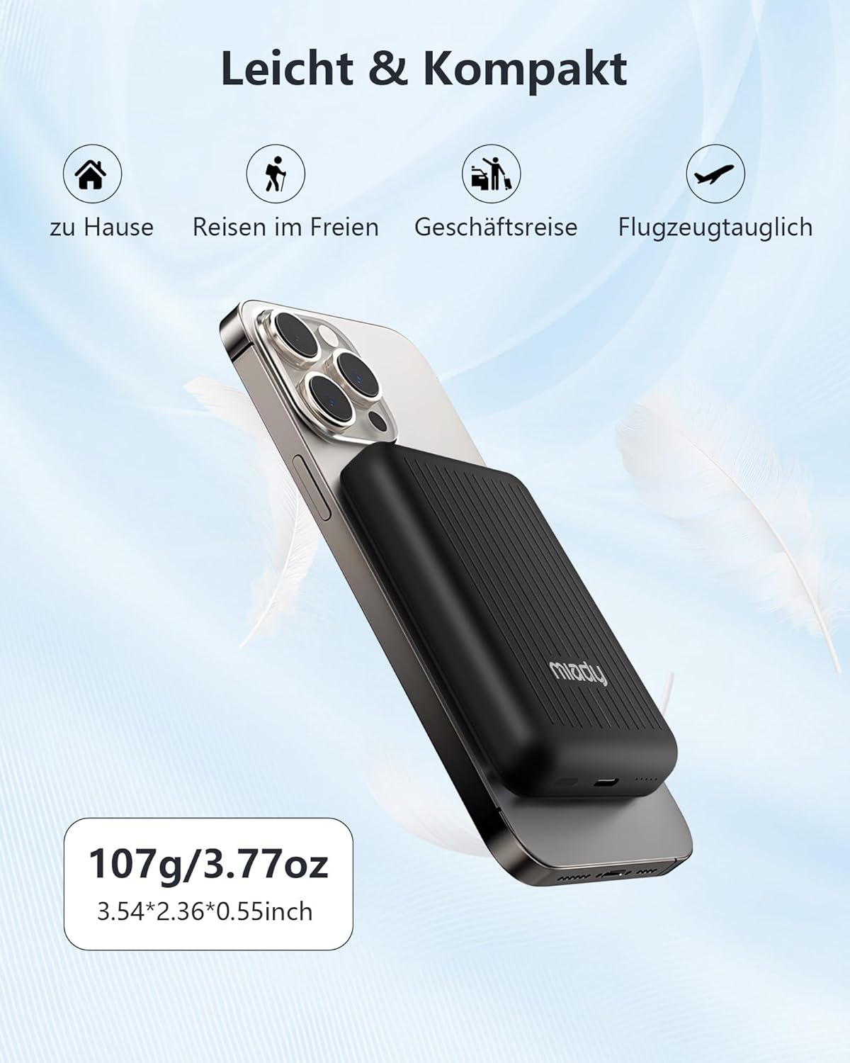 Miady Powerbank für Magsafe, 5000 mAh 5 W kabelloses magnetisches Laden & 12 W USB-C-Schnellladung, ultraschlanke tragbare externe Handy-Akkus, für iPhone 17/16/15/14/13/12/Pro/Pro Max (schwarz) – Bild 5