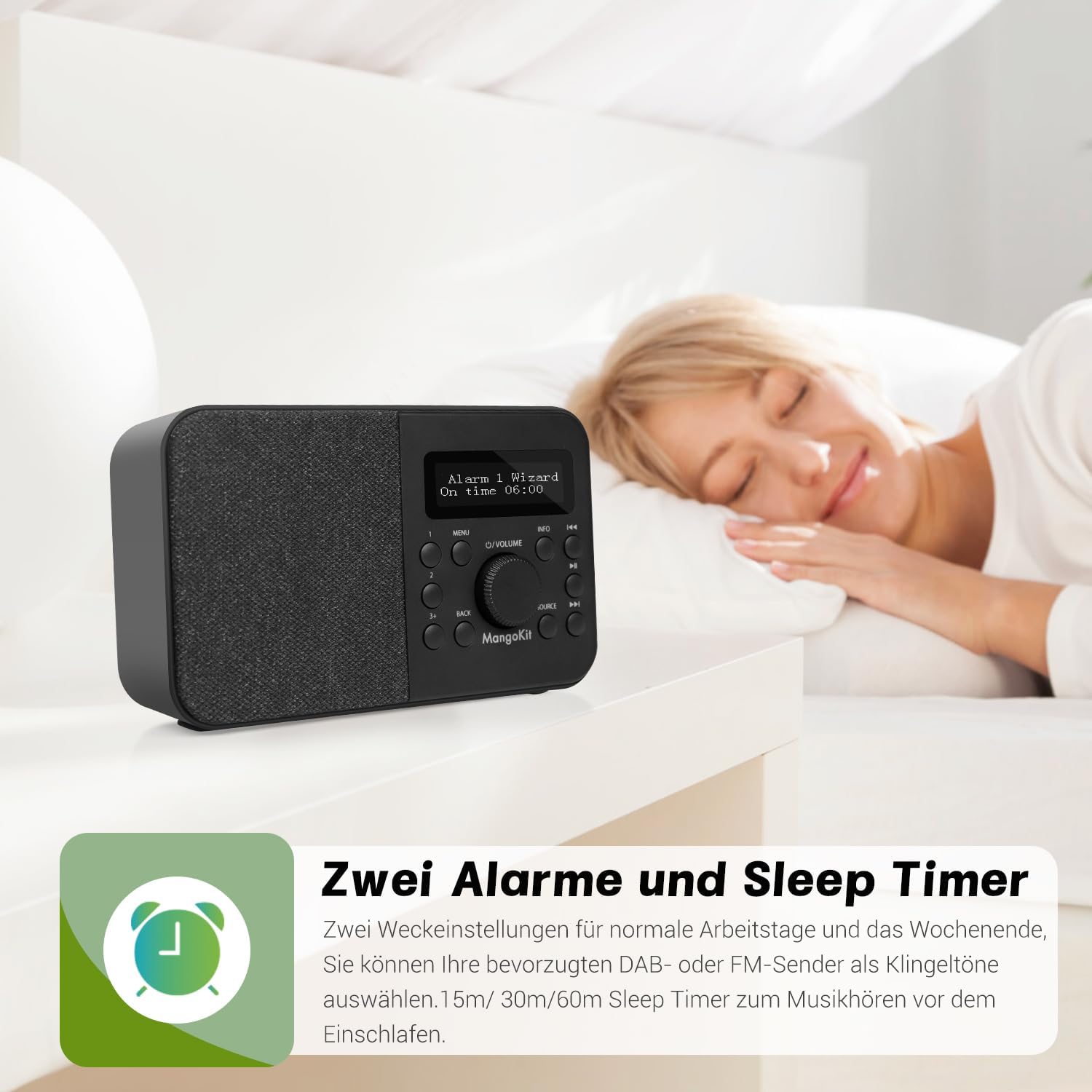 PR2S Tragbares DAB+-Digitalradio, UKW-Radio für die Küche, Bluetooth-Lautsprecher, persönliches DAB-Radio, Display, Wecker und Uhr, 40 voreingestellte Sender, Kopfhöreranschluss, Schwarz – Bild 6