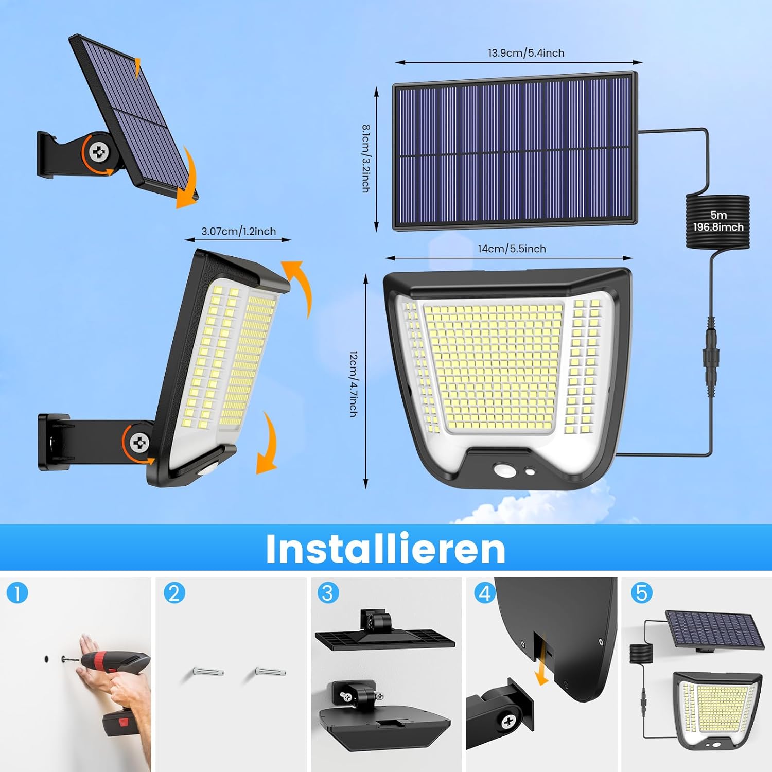 Solarleuchten für den Außenbereich mit Bewegungsmelder, LED-Solarleuchte: 288 LED-Solarstrahler, Außenleuchte, 3 Modi, Außenlampe, Außenlampe, IP65, wasserdichtes Licht, 270°, Solarlampe, Garten-Wandleuchte mit 5 m Kabel – Bild 7