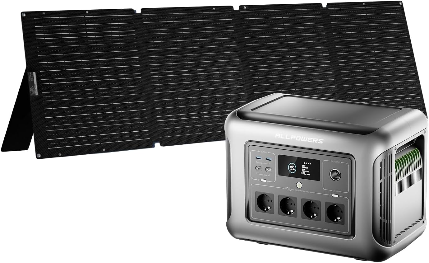 ALLPOWERS R1500 Lite Kraftwerk mit Solarpanel 200 W, 1056 Wh LiFePO4-Akku, volle Ladung in 1 Stunde, 1600 W (3200 W Peak) Solargenerator, 15 ms USV für Notstromversorgung, Stromausfälle, Camping