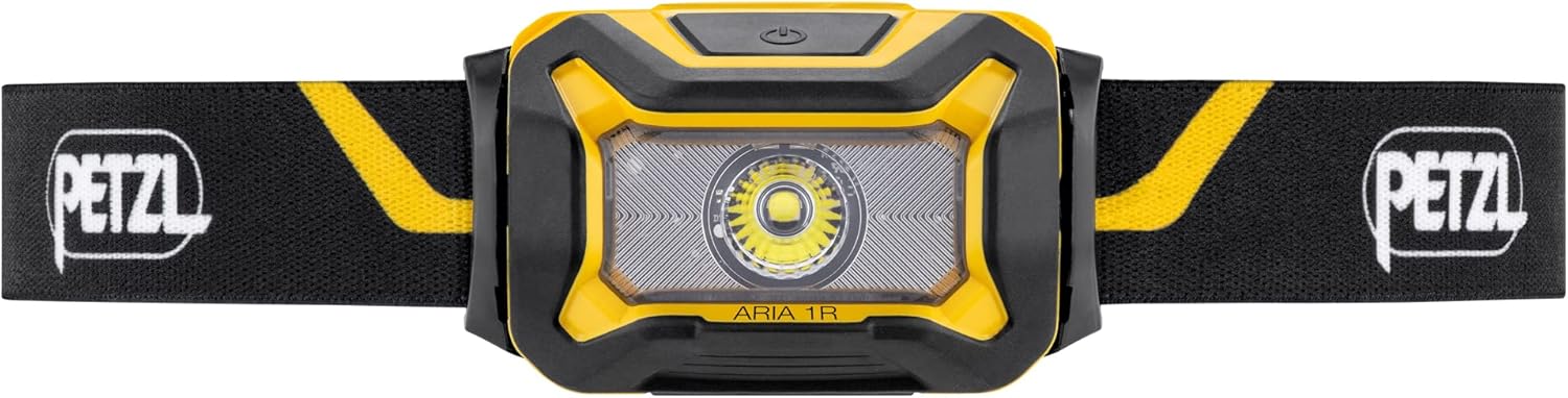 PETZL ARIA 1R Kompakte, langlebige, wasserdichte Stirnlampe mit wiederaufladbarem Akku, 450 Lumen, Schwarz/Gelb, Weiß – Bild 2