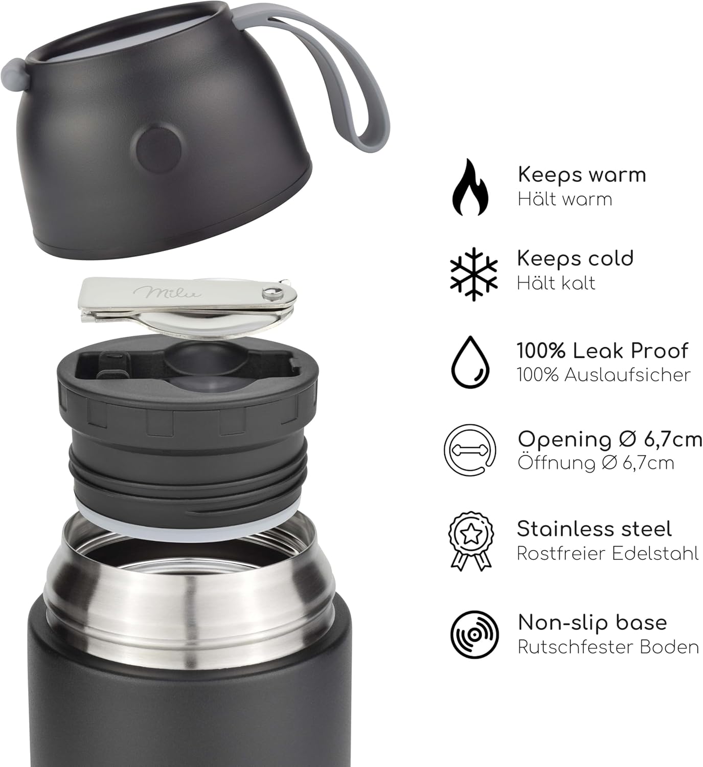 Milu® Thermo-Speisebehälter, 450/650/800 ml, Edelstahl, Wärmekonservierung, für Babynahrung, Müsli to go, Thermo-Lunchbox, Schwarz (650 ml) – Bild 4