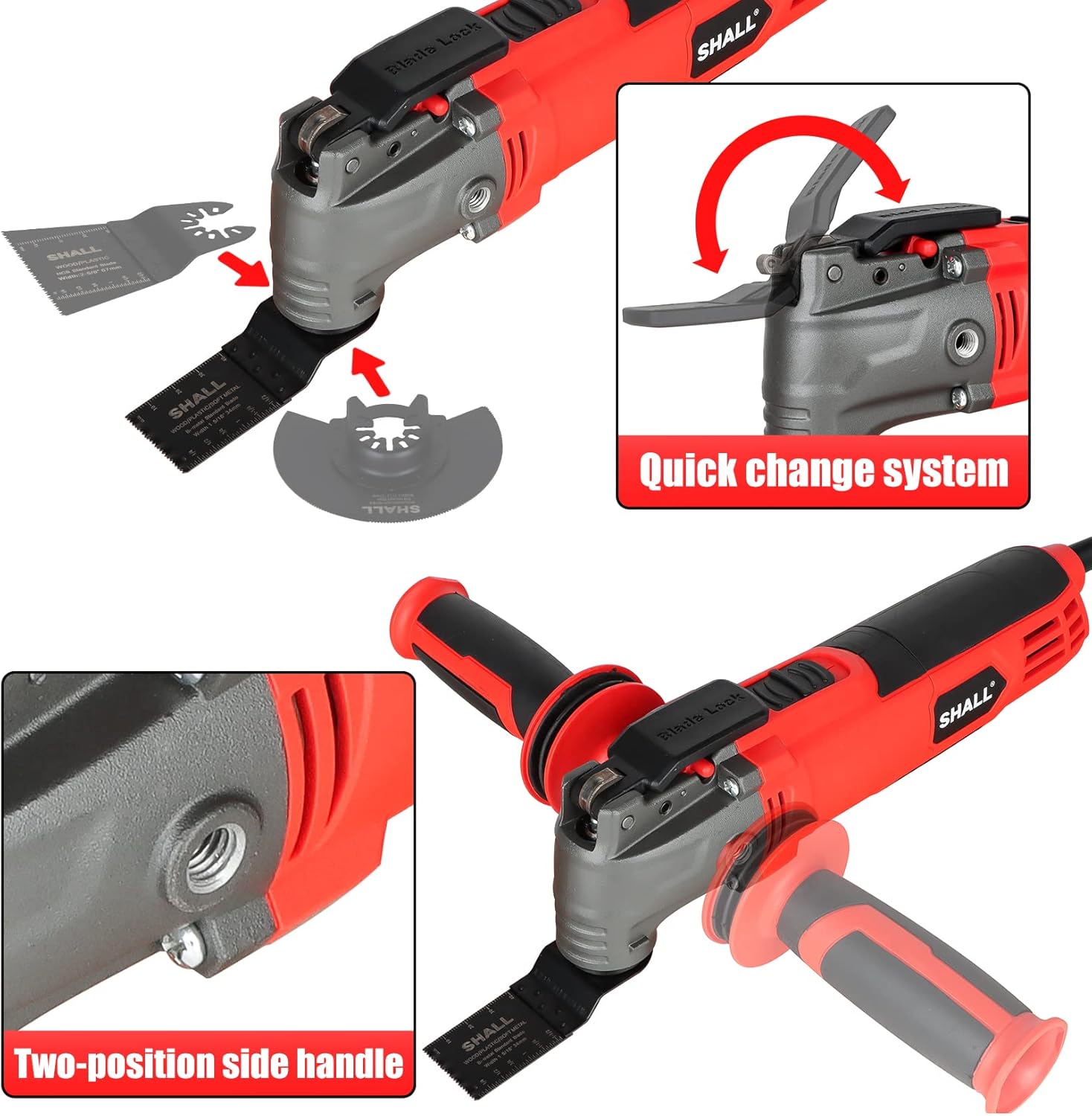SHALL Oszillierwerkzeug, 500-W-Oszillier-Multitool-Kit mit 5° Oszillationswinkel, Schnellwechsel, 6 Geschwindigkeiten, Zusatzhandgriff, 34 Sägezubehörteilen und Tragetasche – Bild 5