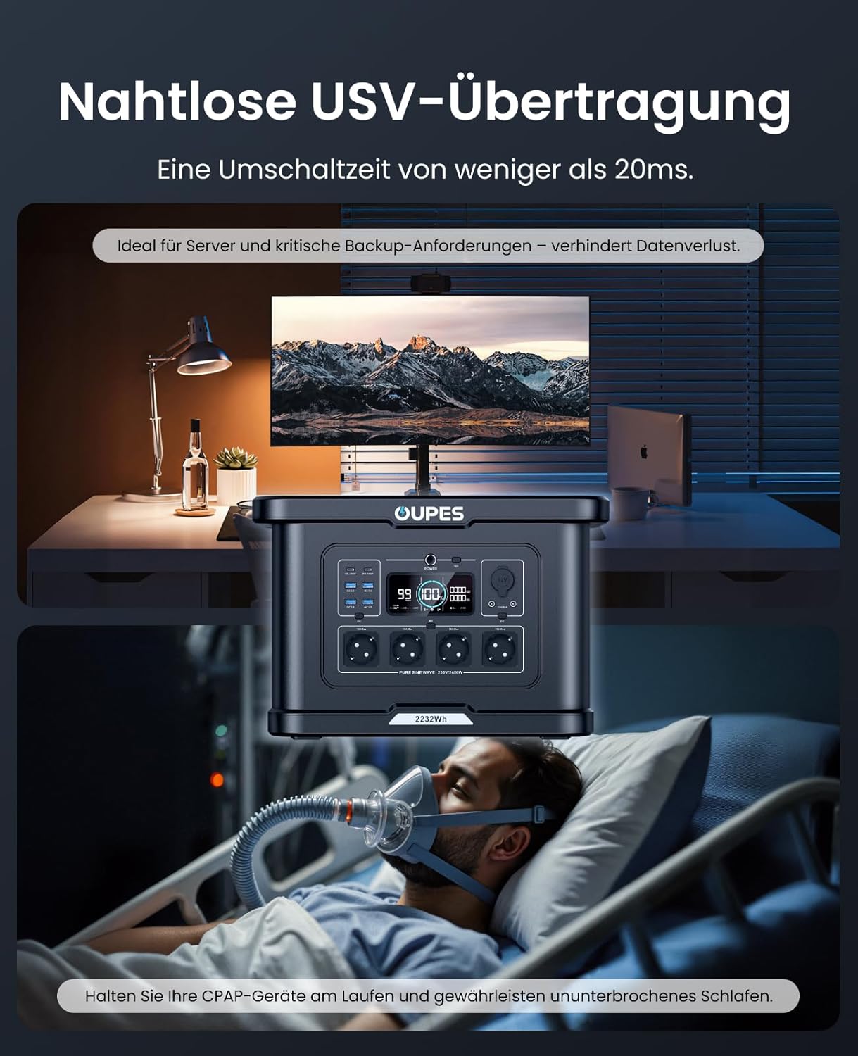 OUPES Exodus 2400 Tragbares Kraftwerk 2400 W, 2232 Wh Solargenerator mit 4 Steckdosen (Boost 2600 W, 4500 W Peak), Schnellladung 0-80 % in 50 Minuten, USV-Funktionsgenerator für Camping, Wohnmobil – Bild 7