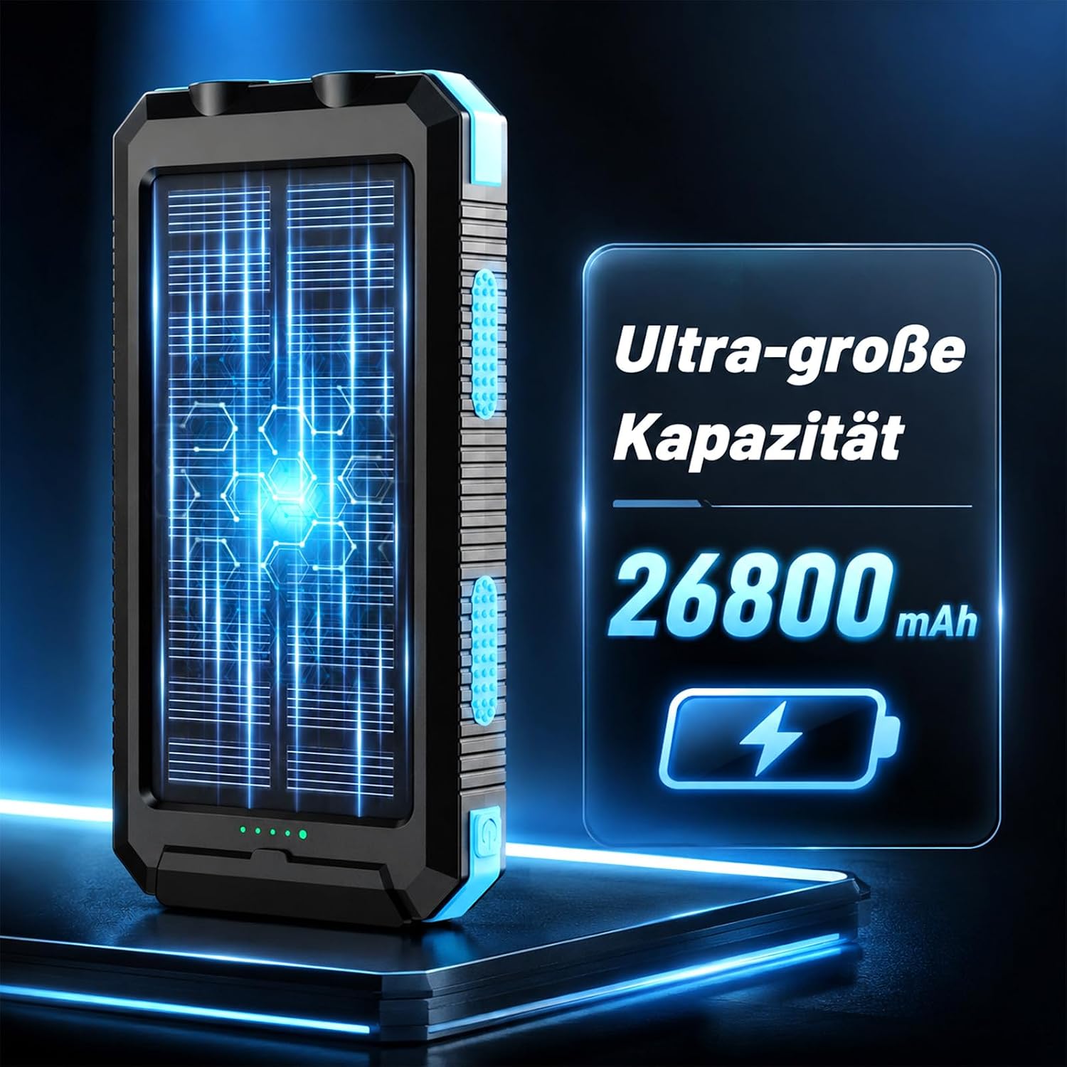 Vikeri Solar Power Bank 26800 mAh, Power Bank Solar Wasserdicht USB C Externer Akku mit 4 Ausgängen, Powerbank für Smartphones, Tablets und mehr (Blau) – Bild 2