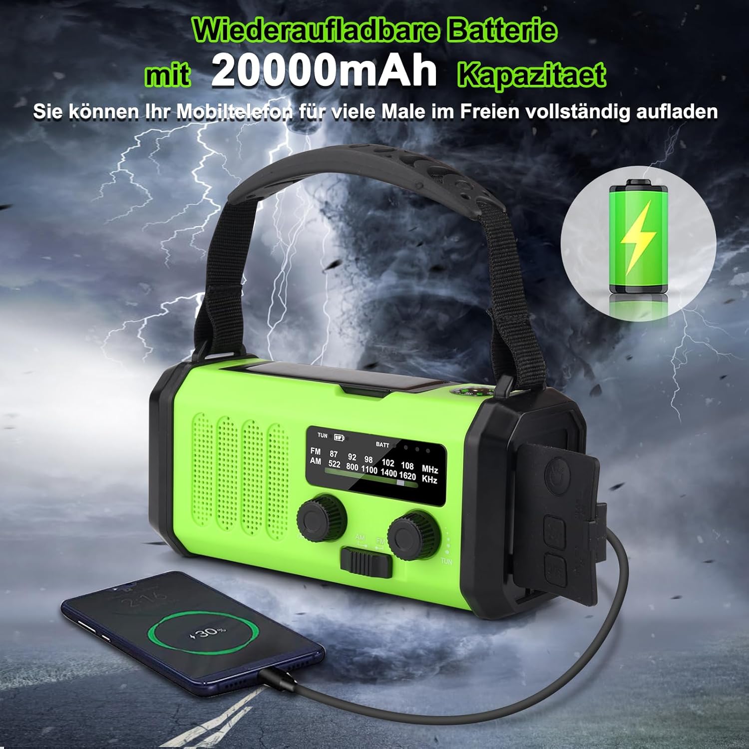 Solarradio, tragbares Kurbelradio, AM/FM-Notfallradio mit 10000/20000 mAh wiederaufladbarer Powerbank, 3 Modi LED-Taschenlampe, SOS-Alarm, USB-C-Handy-Aufladung für Camping im Freien (grün, 20000 mAh) – Bild 2