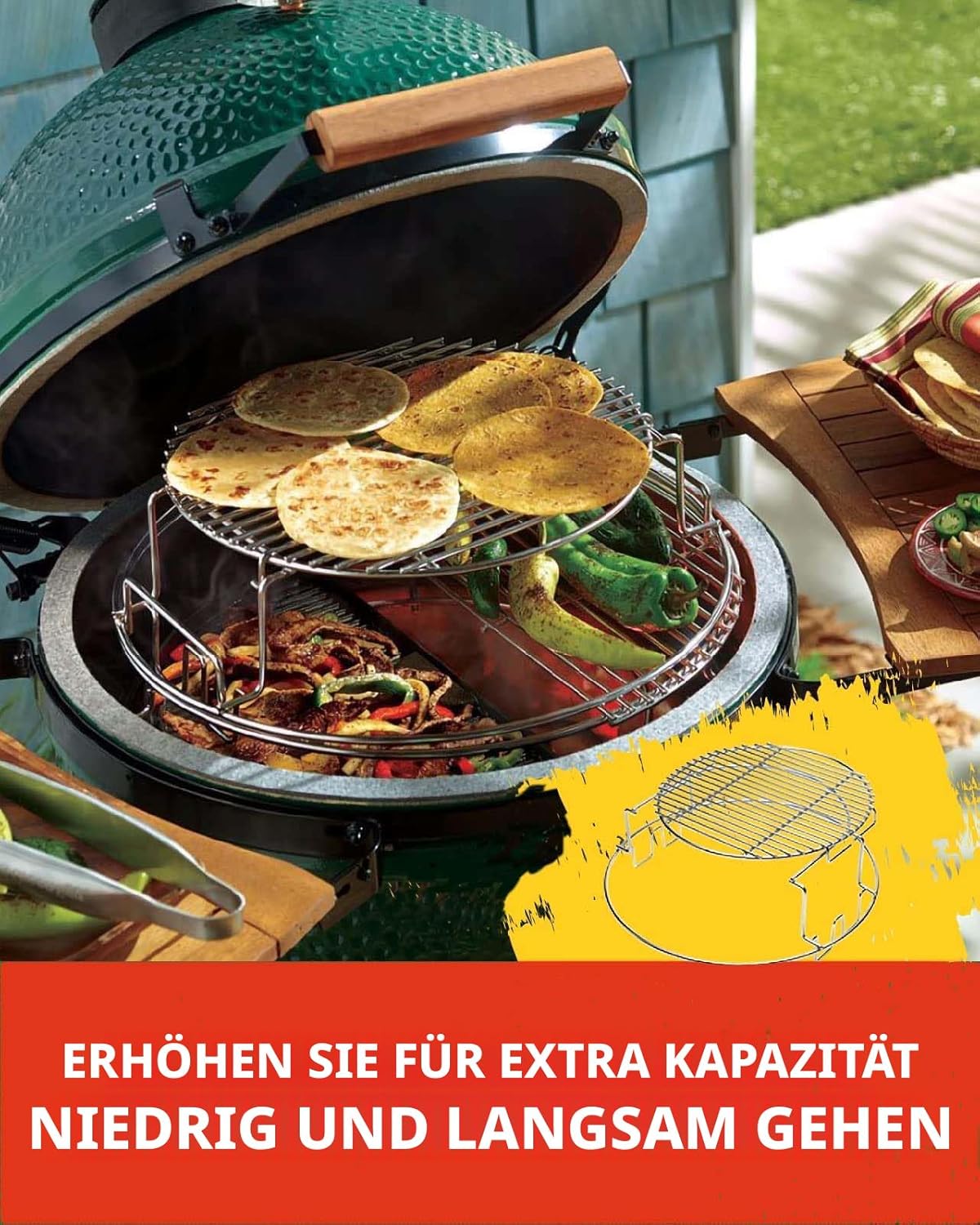 5-teiliges EggSpander-Set aus Edelstahl für Big Green Egg Large, stapelbare Grillroste auf 3 Ebenen + Conveggtor-Korb + 2 halbmondförmige Roste, über 40 Grillmodi und kreatives Kochen, langlebig, verformungsfrei – Bild 5