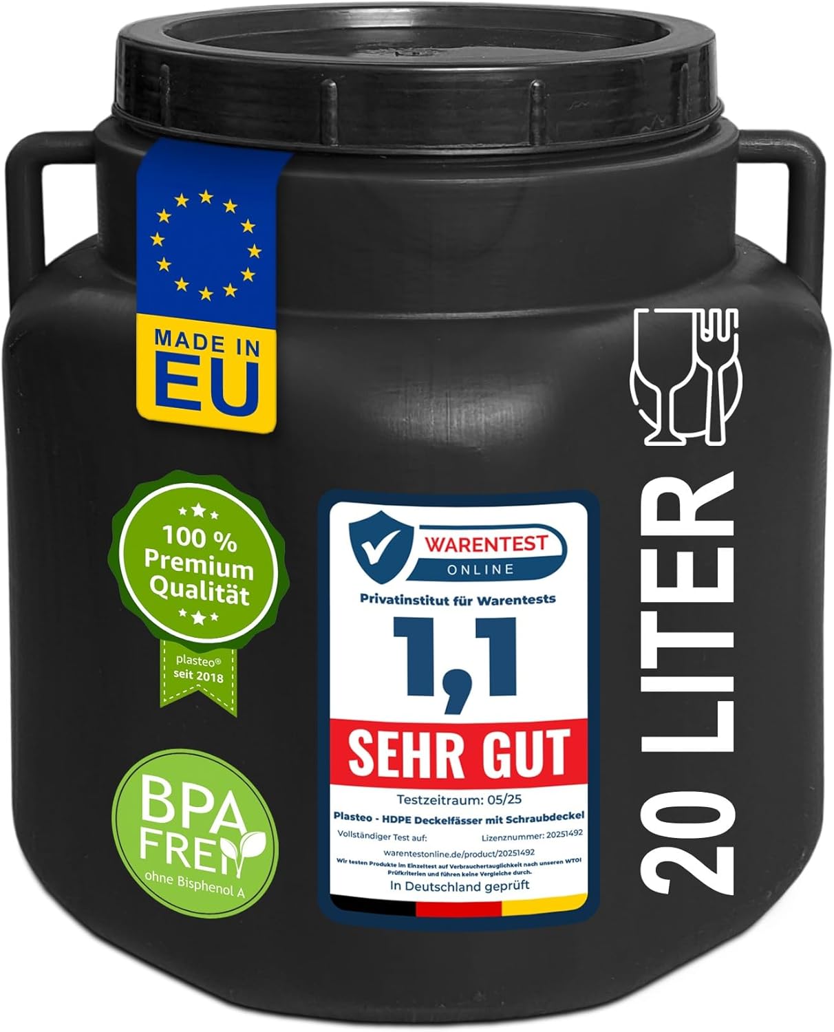 plasteo Weithalsfass 20 Liter mit Deckel - eckig schwarz, HDPE lebensmittelecht BPA-frei, 20 L Eimer Kunststofffass Futtertonne Lagertonne Universalfass