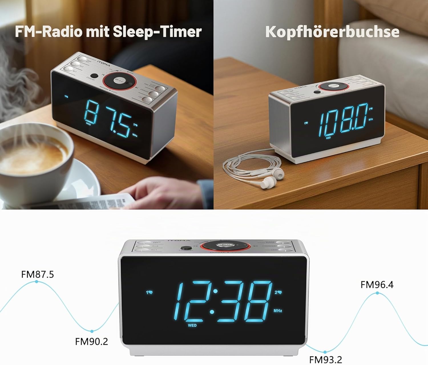 iTOMA Radiowecker mit kabellosem Bluetooth, digitales UKW-Radio, Dual-Alarm mit Schlummerfunktion, 4-Stufen-Dimmer, Handy-USB-Ladefunktion, Nachtlicht, Backup mit Batterie bei Stromausfall (CKS708BT) – Bild 3