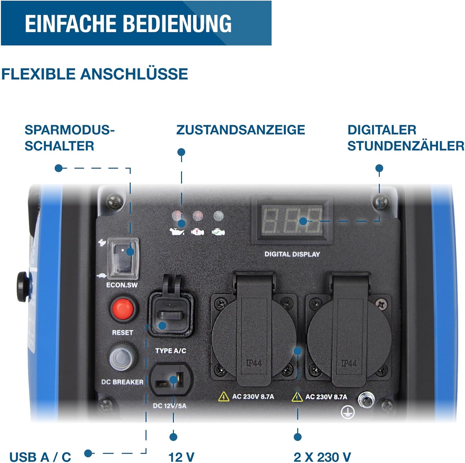 Hyundai Inverter-Generator HY2000Si D (tragbarer Benzingenerator, Inverter-Stromerzeuger mit 2 kW Maximalleistung, Notstromgenerator, Generator) | Stromgenerator mit 2,2 kW max. Power, Benzin-Notstromaggregat, leise, leicht und sparsam – Bild 5