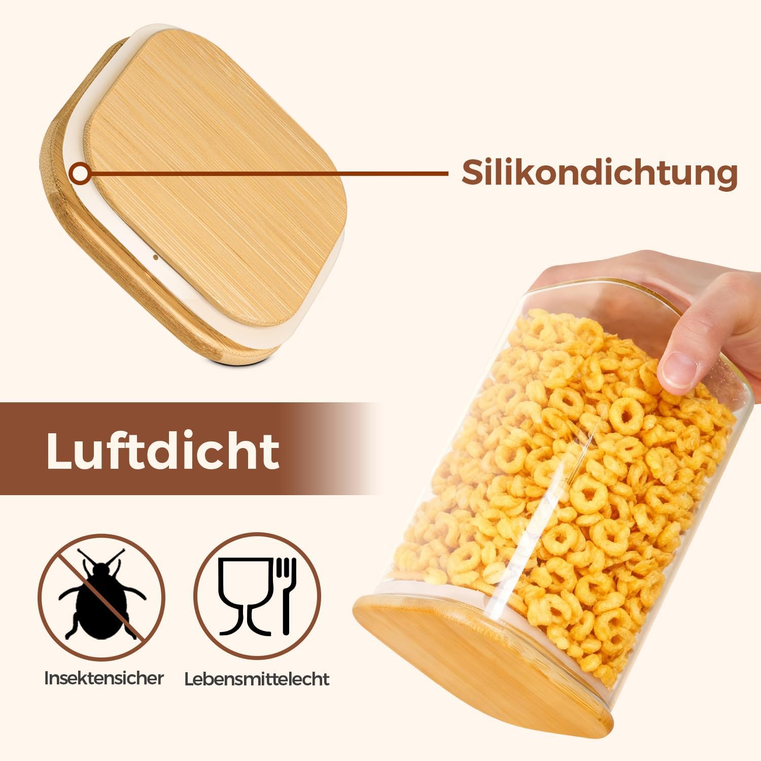 ComSaf Vorratsgläser, Glasbehälter mit Deckel, Vorratsgläser Glas 1 L x 4/600 ml x 8, Set mit 12 Vorratsgläsern mit Deckel, luftdicht, Vorratsgläser, Küchen-Vorratsgläser für Müsli – Bild 7