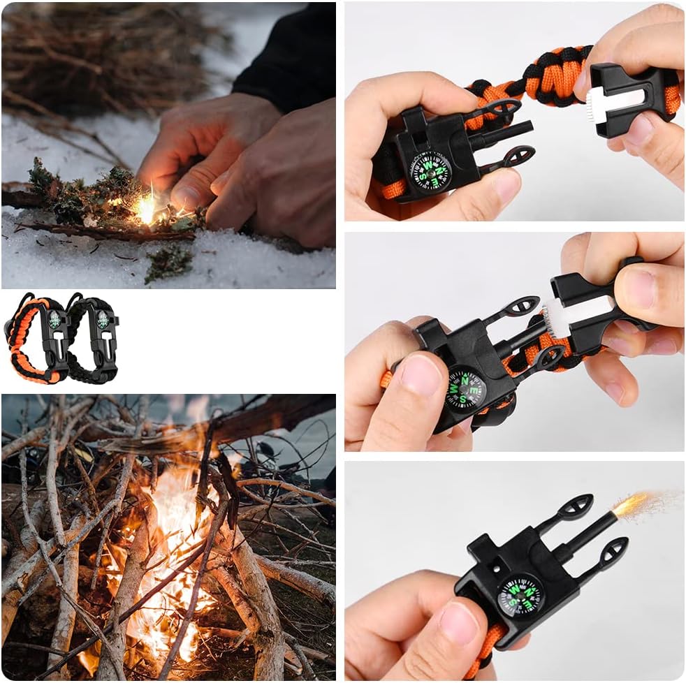 Flintronic Paracord Survival Armband Kit, Überlebensarmband Set, Feuerstarter aus Feuerstein und Stahl+100-dB-Pfeife+Basiskompass+Mini-Säge+Wasserdichtes Paracord in Militärqualität – Bild 3