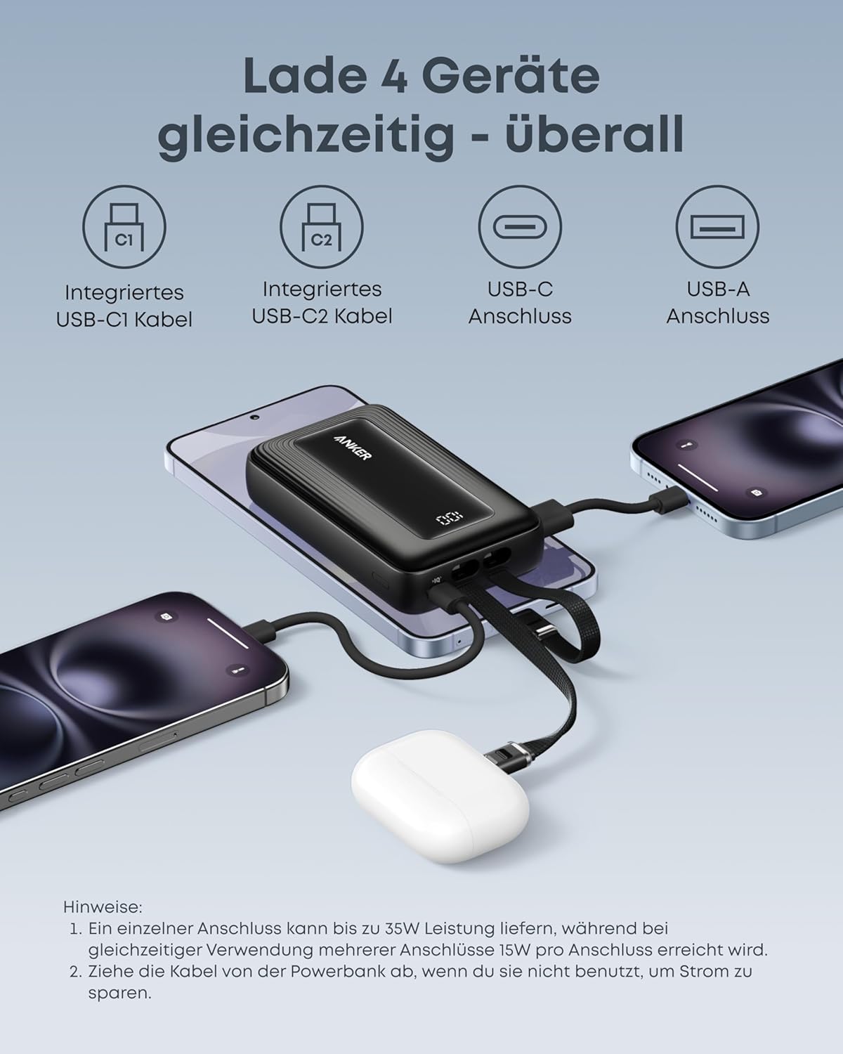 Anker Zolo Powerbank (Upgrade 2025), 45 W Schnellladung, 20000 mAh Akku, zwei integrierte USB-C-Kabel, 1 USB-C- und 1 USB-A-Anschluss, für iPhone 17/16-Serie, Galaxy, MacBook und mehr – Bild 5