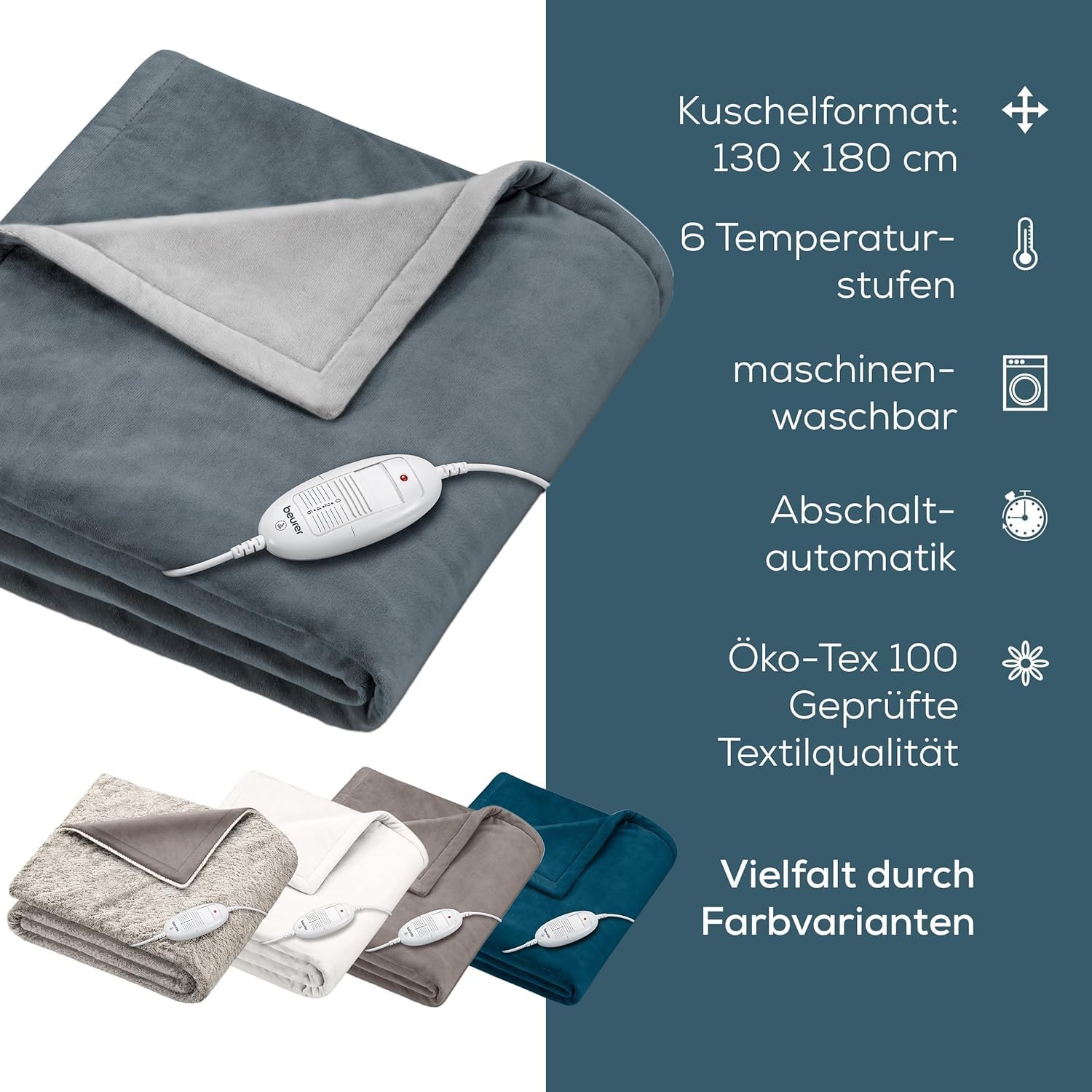 Beurer HD 75 Dunkelgraue Heizdecke, kuschelig weiche Wärmedecke, 6 Temperaturstufen, maschinenwaschbar, mit automatischer Abschaltung und besonders sicher, dunkelgrau, 180 x 130 cm – Bild 8