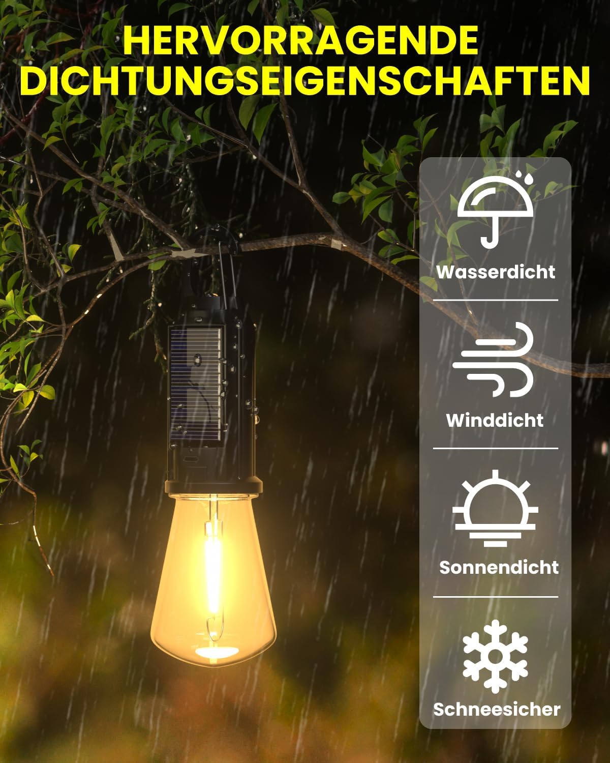 Bonlux Campinglampe, Solar-Campinglampe, LED, wiederaufladbar, USB, IP65, wasserdicht, Outdoor-Zeltlampe, warmweißes Licht, dimmbare wiederaufladbare Glühbirne für Camping, Wandern, Stromausfälle, Notfälle – Bild 3