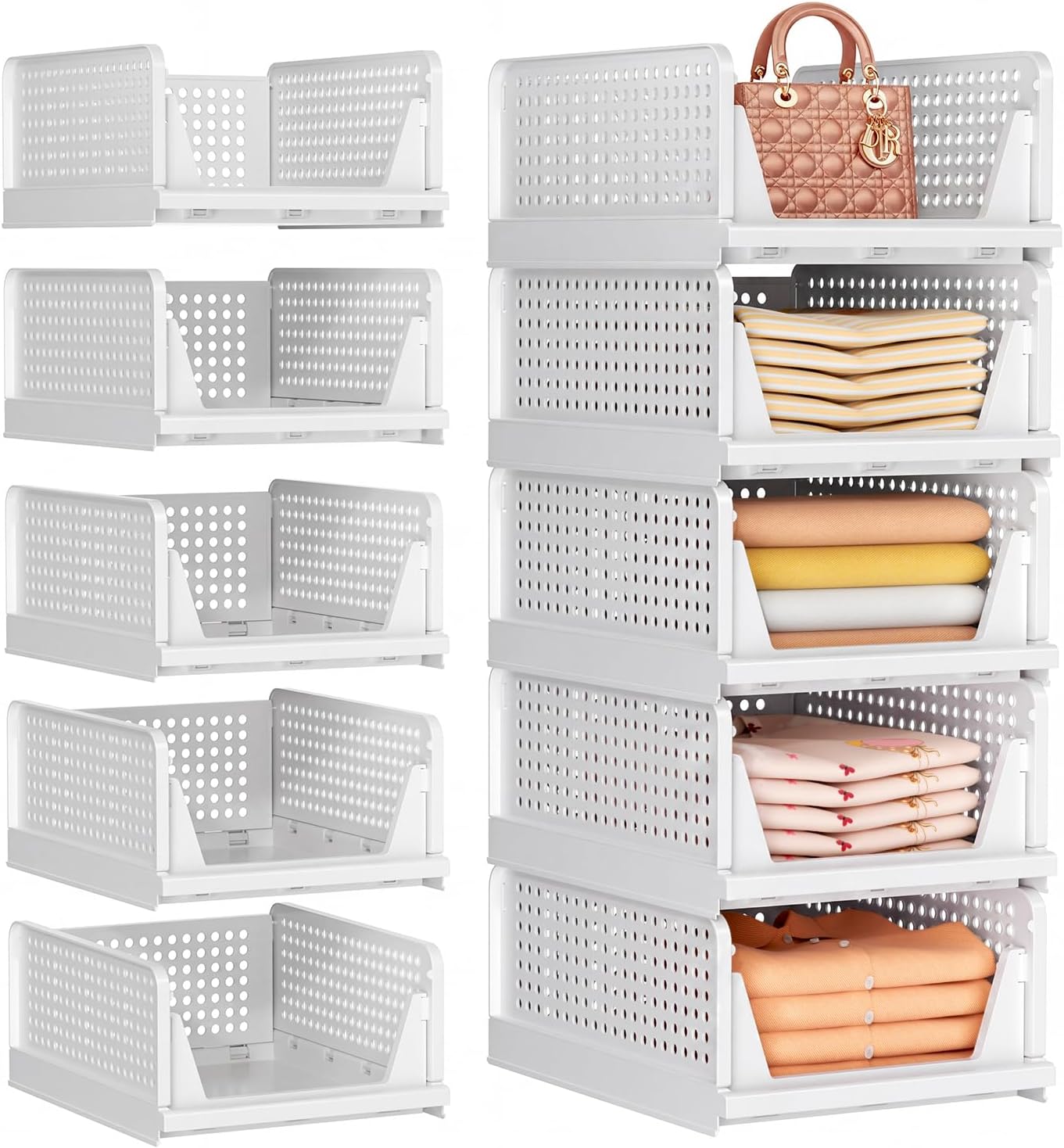 SNSLXH Kleiderschrank-Organizer, faltbare Kunststoff-Aufbewahrungsbox mit Schubladen-Design, stapelbarer Schrank-Organizer für Badezimmer, Küche, Schlafzimmer, weiß, 5 Stück