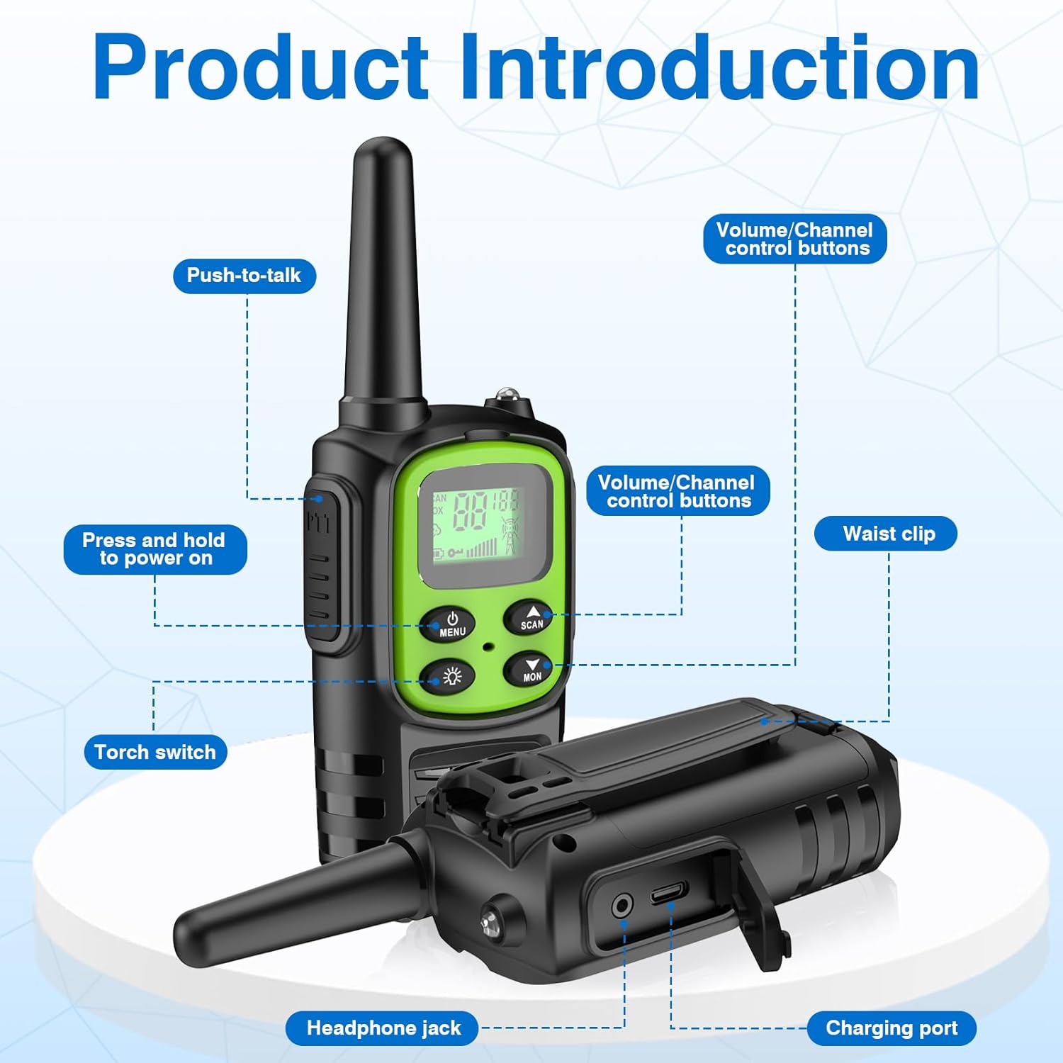 Walkie Talkie Set mit 4 Walkie Talkies für Erwachsene Kinder, 20 Kanäle mit 1200 mAh Li-Ionen-Akku/VOX/LED-Taschenlampe/USB-C-Kabel/5 km Reichweite/Tastatursperre für Camping, Wandern, Geschenk – Bild 4
