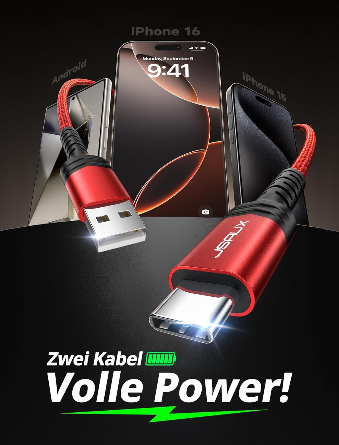 Jsaux USB-C-Kabel (2 Einheiten, 2 m), Nylon-Typ-C-Ladekabel für Samsung Galaxy S10, S9, S8 Plus, Note 10, 9, 8, A3, A5 2017, LG G5, G6, V20, HTC 10, U11, Sony Xperia XZ Xa1, Huawei P30, P20 Mate, 20 Lite, P10, P9 usw. – Bild 2