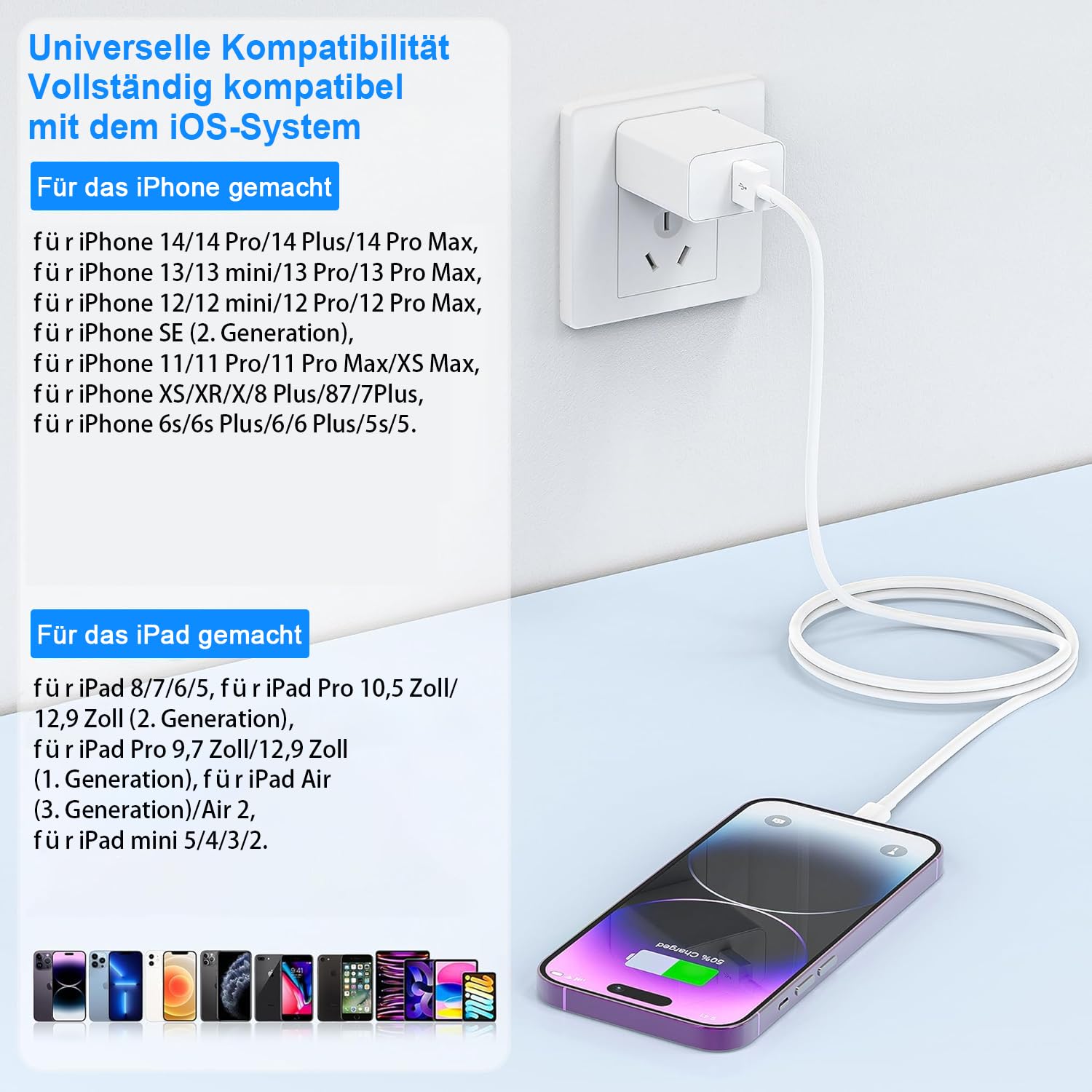 iPhone-Ladekabel, 2 Stück, 1 m + 2 m, USB-auf-Lightning-Kabel, MFi-zertifiziert für Apple-Schnellladekabel, für iPhone 14/13/12/11/Pro/ProMax/Mini/XS/XR/MAX/X/8/7/6/6s/Plus/SE/iPad Mini – Bild 7
