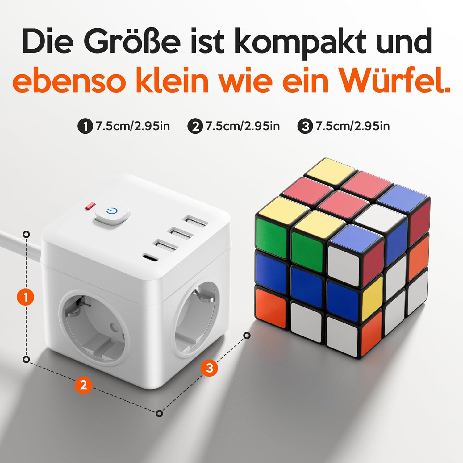 7in1 Steckdosenwürfel mit USB, 3-fach Mehrfachsteckdose mit 3 USB A, Steckdosenleiste mit 1 USB C, 1,5 m langes Verlängerungskabel mit Flachstecker, Überlastschutz & Schalter für Zuhause, Büro, Reisen – Bild 3