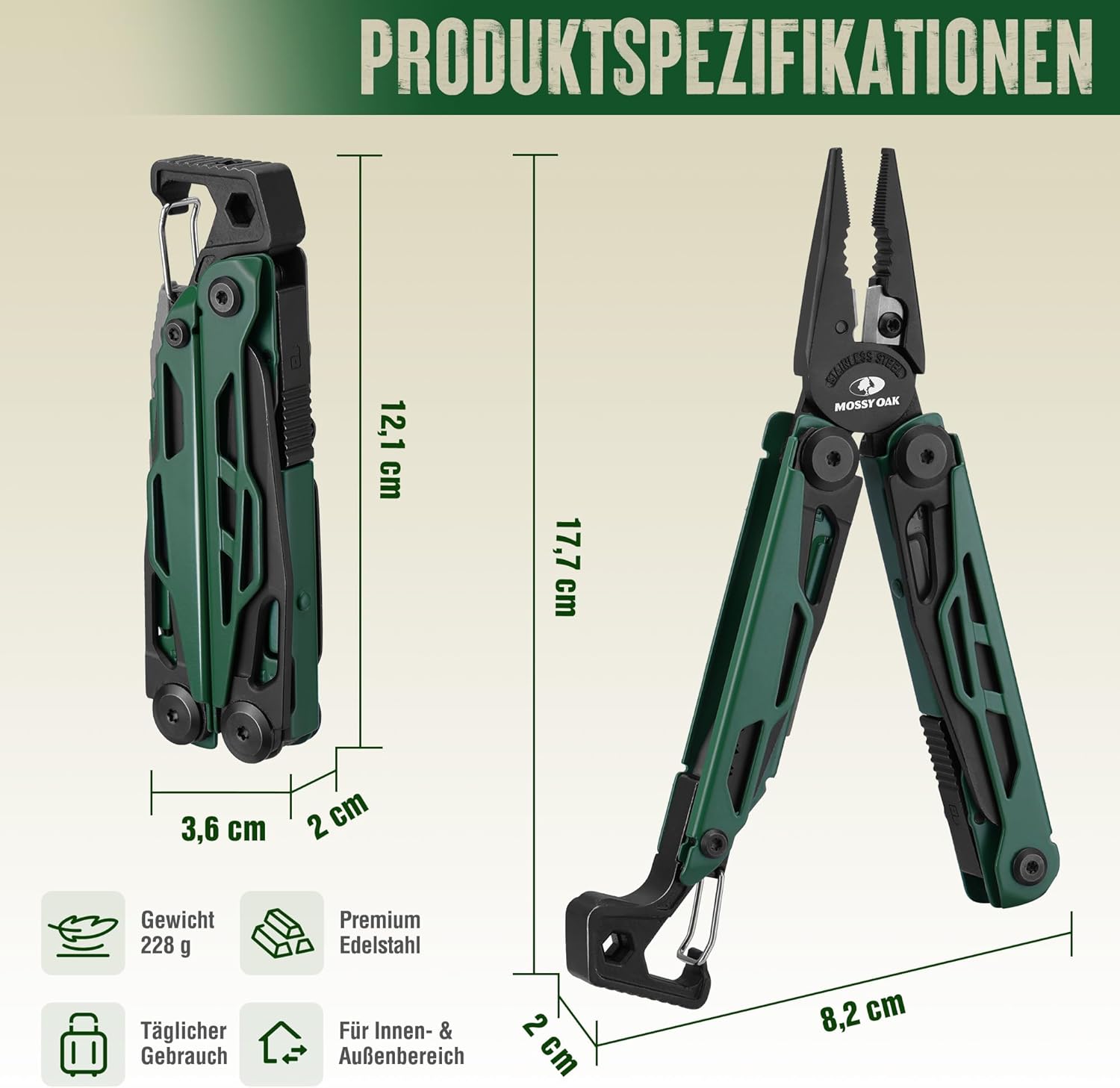 Mossy Oak Multifunktionszange, 27-in-1 Multitool-Werkzeug, faltbares Edelstahl-Multifunktionswerkzeug, Multifunktionszange mit 4 Bits, Messer, zum Wandern, Camping, Reparieren mit Tragetasche, Grün | Inklusive Messer, Feueranzünder, Pfeife, Flaschenöffner und Schraubenzieher für Camping, Wandern und Outdoor-Abenteuer – Bild 3