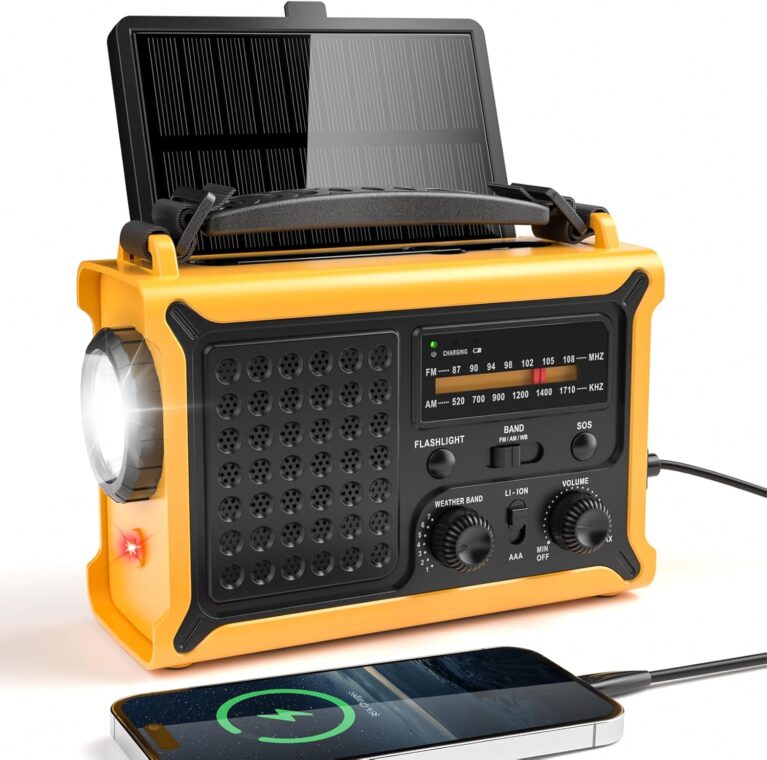 Solar-Kurbelradio mit 12000-mAh-Akku, wiederaufladbar, extra großes Solarpanel, AM/FM-Notfallradio mit Taschenlampe und Leselicht, hohe Klangtreue, wiederaufladbare Powerbank, SOS-Alarm für Outdoor-Camping